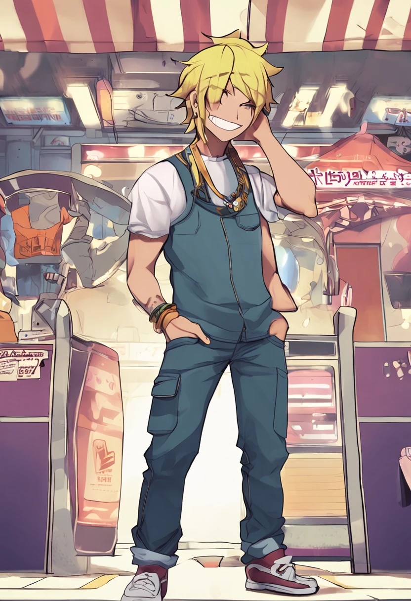Danganronpa,male,long Tank top,blue jeans,yellow hair,brown eyes,straight short hair Hair,long pants'smile,{{{one person}}}