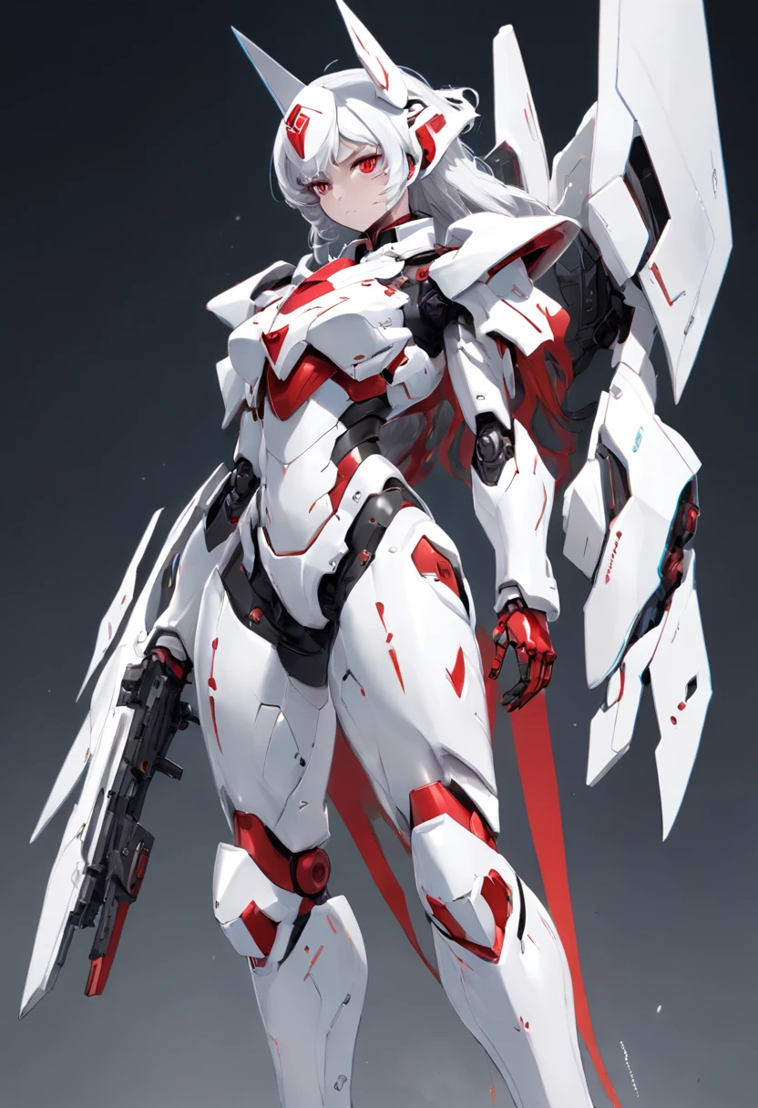 Wearing a white cloak、Black and red Arad woman, in white futuristic armor, glossy white armor, streamlined white armor, White armor, full body mecha suit, Armor Girl, ferra white mecha, female mecha, Mecha suit, full body concept, thicc, inspired by Krenz Cushart, pale black armor