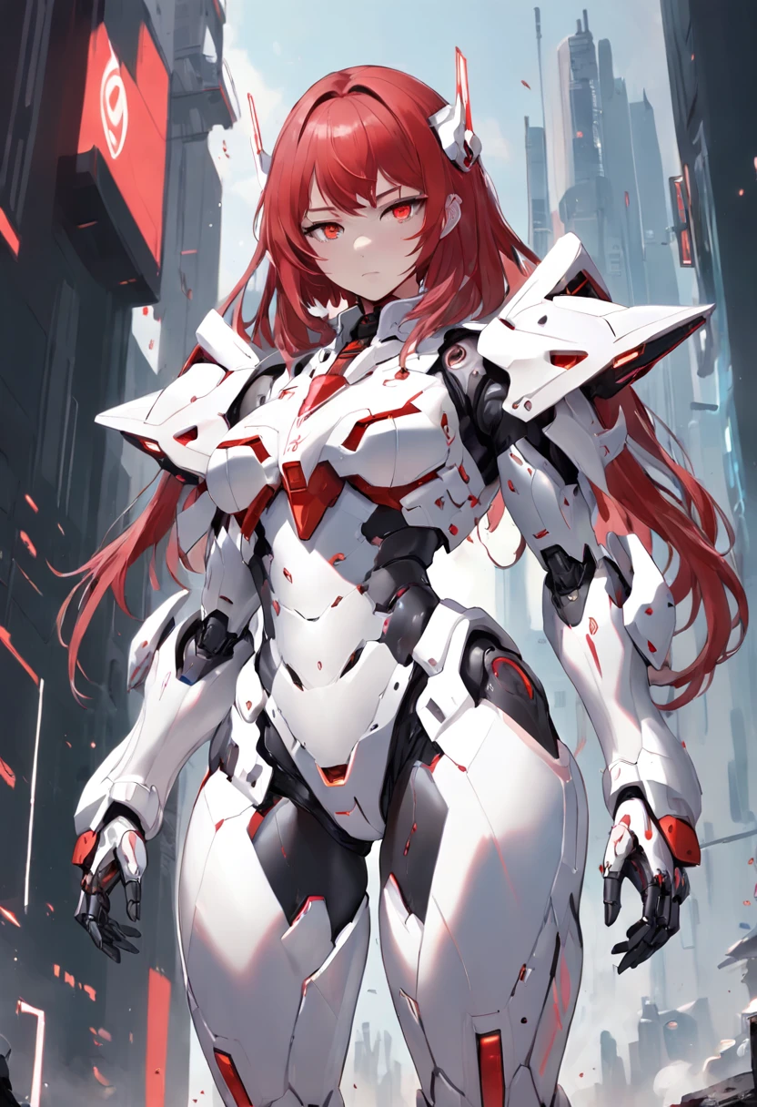 Wearing a white cloak、Black and red Arad woman, in white futuristic armor, glossy white armor, streamlined white armor, White armor, full body mecha suit, Armor Girl, ferra white mecha, female mecha, Mecha suit, full body concept, thicc, inspired by Krenz Cushart, pale black armor