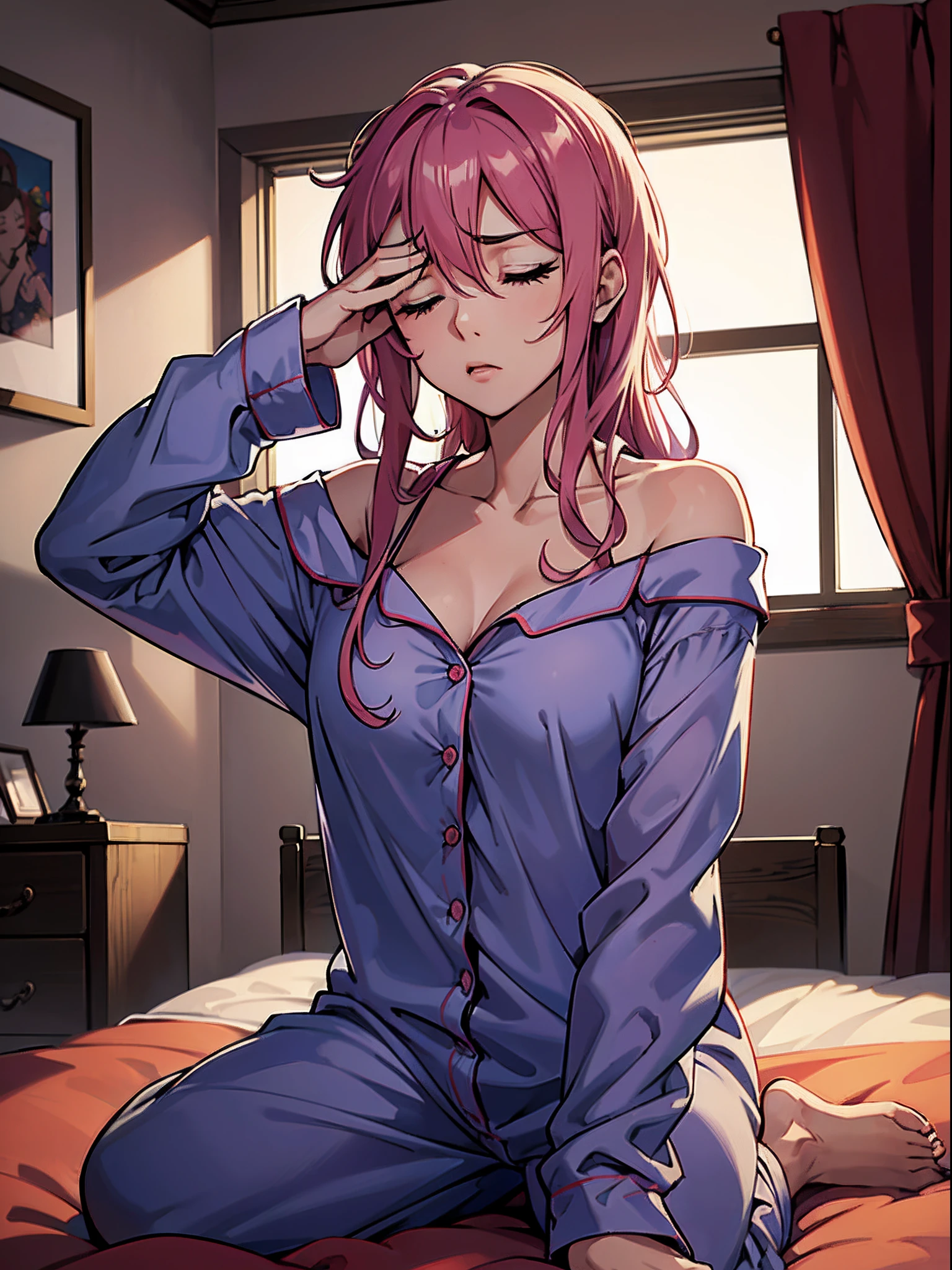 1girl, sitting on bed, ((onesie pajama)), unbuttoned, sleeves over hand, (wiping eyes:1.4), (yawning), sleepy, (eyes half closed), cozy bedroom, low ambient lighting, (masterpiece), best quality, ultra detailed, vivid colors, disheveled hair, fair skin, {oversized shirt, shirt, off shoulder}, {hood}