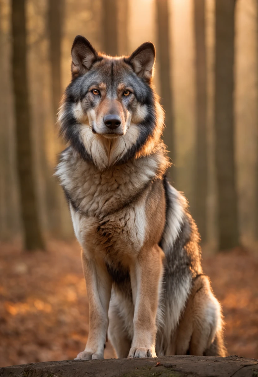 the Big Bad Wolf, a large standing wolf with a scarf around his neck and a top hat on his head. He was waiting sitting on a rock. The golden sunlight penetrates through the leaves of the tall trees, creating shadow patterns on the ground. A soft mist envelops the trees in the background, giving the scene an eerie feel. Create an image that captures the magical and enigmatic atmosphere of this moment in the enchanted forest.