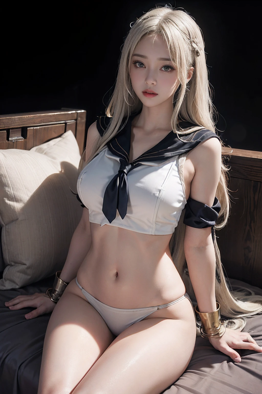 (Front Focus),(8K),(in the darkness nigth:1.6),((Colossal tits)), ((nudde)), Fantasyart,((white-beige hair)), ((Cosplay、Sexy sailor style high legs)), photographrealistic,动态照明,art stations,poster for,Volumetriclighting,extra detailed face,4 k'',((finger detailed)), Lying on a plush bed with your crotch spread,(accessorized),Sexy thighs,exposing the abdomen ,Chest 1 Girl, In the Dark, deepshadow, low tune, Cowboy Shot, (official clothing:1.4), Eyes shine