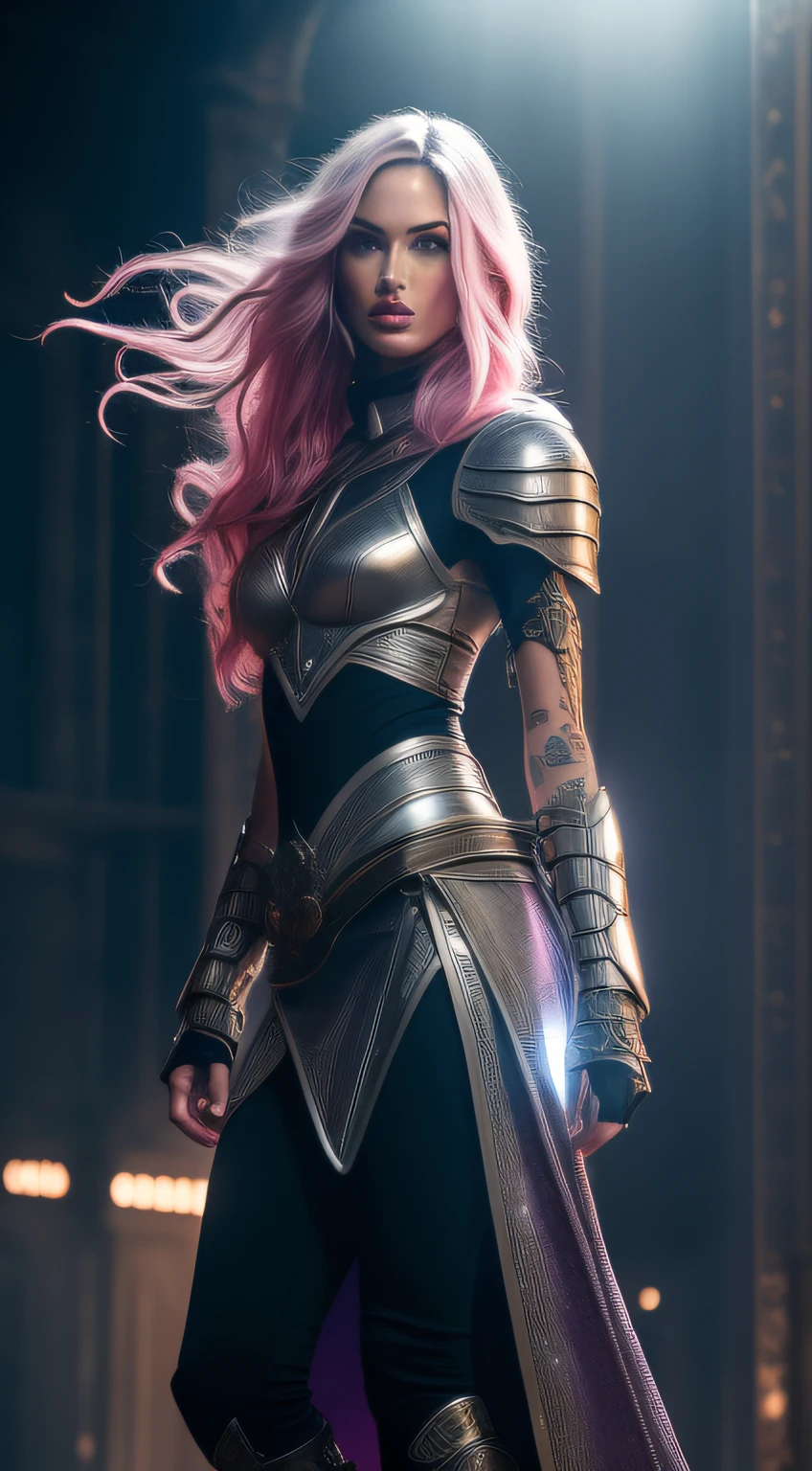 photorealistic, pleasure, energies scattered through the air, pink hair + Megan Fox perfect face, appears full body from head to toe + appears on top of her head without cropping + appears further away in image + futuristic silver armor with blue and lilac accents + light circuits + full body + energies coming out of his mind, energies coming out of his forehead, gesturing with his hands as if releasing energies, magical, art by mschiffer, ethereal, she's making some magic, magical lights, 32k resolution, best quality, dynamic pose, action pose, futuristic city + in the style of realistic and hyper-detailed renderings, 8k, detailed eyes, perfect eyes, epic, dramatic, fantastic, full body, intricate design and details, dramatic lighting, hyperrealism, photorealistic, cinematic, 8k, detailed face, dramatic photo, epic photo, full body, barbaric, cinematic shot + photo taken by canon + amazingly detailed, sharp details HQ