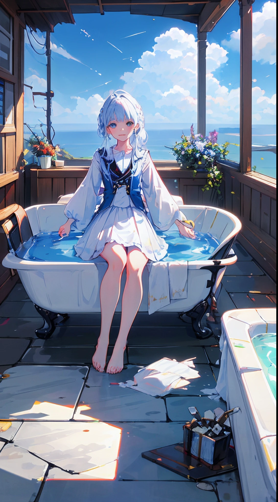 Kizi，White bathtub，bathing towel，Lots of bubbles，White foam，Bath，Ruffle your hair，ssmile，long  white hair，Full body like，long  white hair，Messy hair，Movie Angle，floatking，（Beautiful detailed eyes），（Detailed lighting），cinmatic lighting，Beautiful detailed sky，（1girll），（long whitr hair），glowing light eyes，（lighting particle），（painting of a），rich colours，foamy，tinas