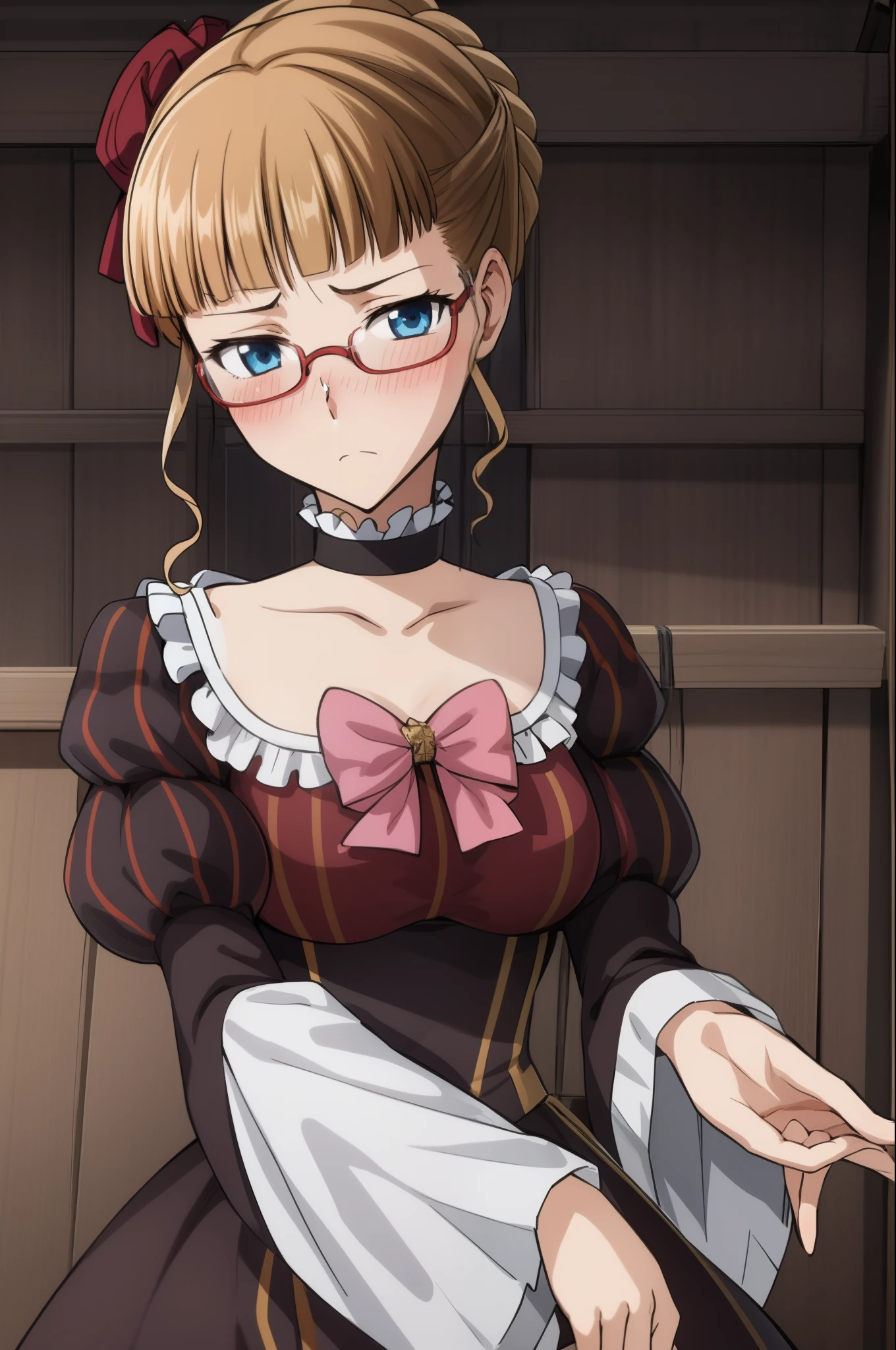 score_9, score_8_up, score_7_up, source_anime, 1girl, 1boy, beatrice \(umineko\), pink bow, choker, castle interior, dress, hair ornament, upper body, penis awe, penis shock, huge penis, dark skinned male, cock ring, measuring, measuring penis, measuring tape