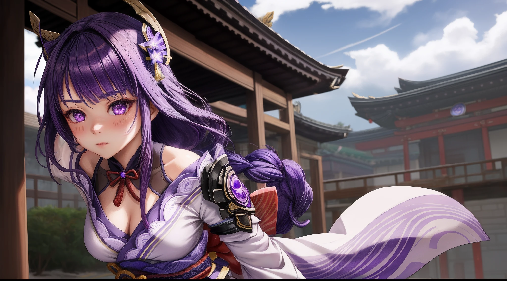 1girl, (raiden genshin impact), focused upper body, realistic, blush, (purple hair and hair ornament), purple pupils, standing pose, (purple kimono), cloudy background, perfect limbs
