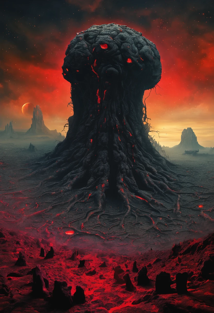 mythology creatures, brain, monolith, black obsidian rectangle, by zdzislaw beksinski and van gogh, album cover art, rome, surrealism, futuristic ,satan, t-rex, coral, wizard, abstract, dark, red, hell, landscape, wallpaper