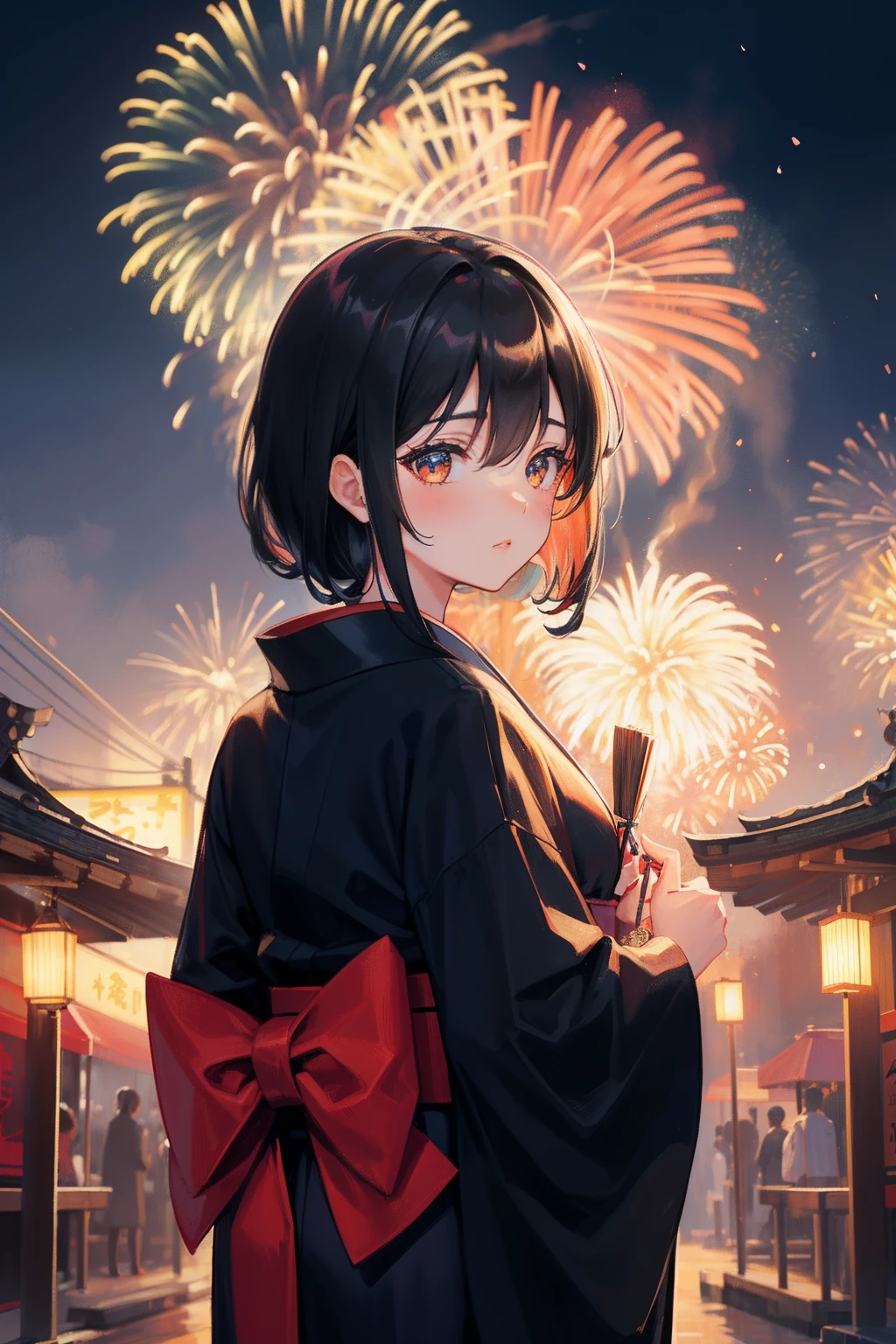 the night，nigth，Dim environment，Lots of fireworks blooming，Lively temple fair，Girl in kimono，beautiful teenage girl，black color hair