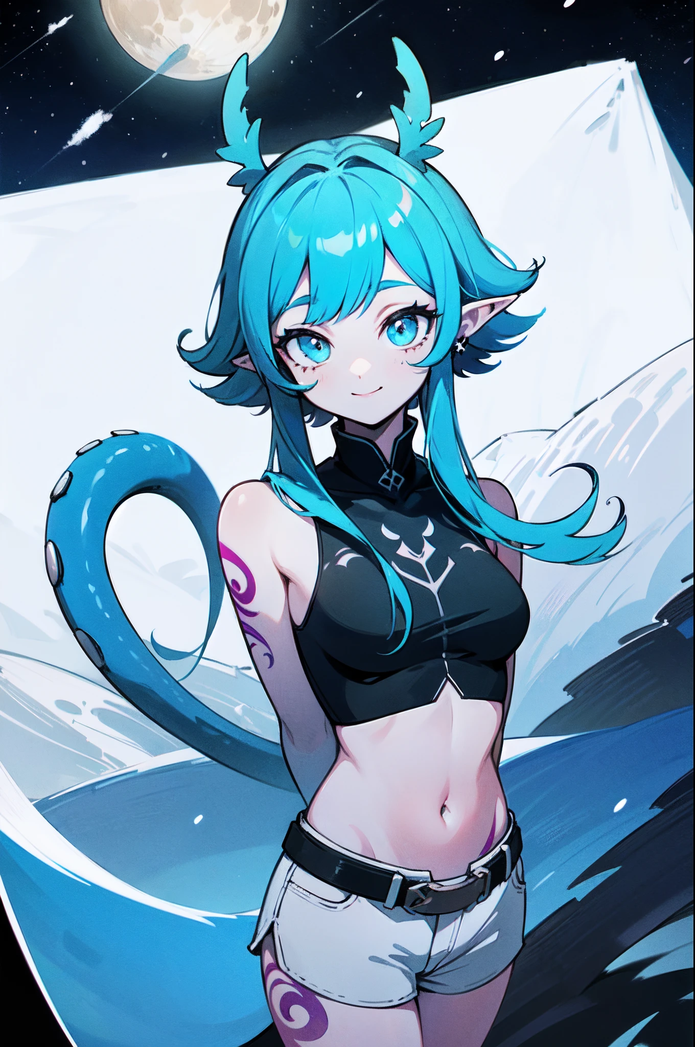 1girl, solo, cyan hair, light blue hair, very long hair, grey eyes, small breasts, crop top, white top, navel, white shorts, (lizard tail, calango tail:1.25), pointy ears, (blue tattoos, tattoos all over her body, just blue tattoos please:1.23), standing, smiling, closed mouth, arms behind back, her tail is visible), close-up, portrait, zoom in, winter, forest, snow, mountains, moon, stars, ((masterpiece, best quality, limited palette))