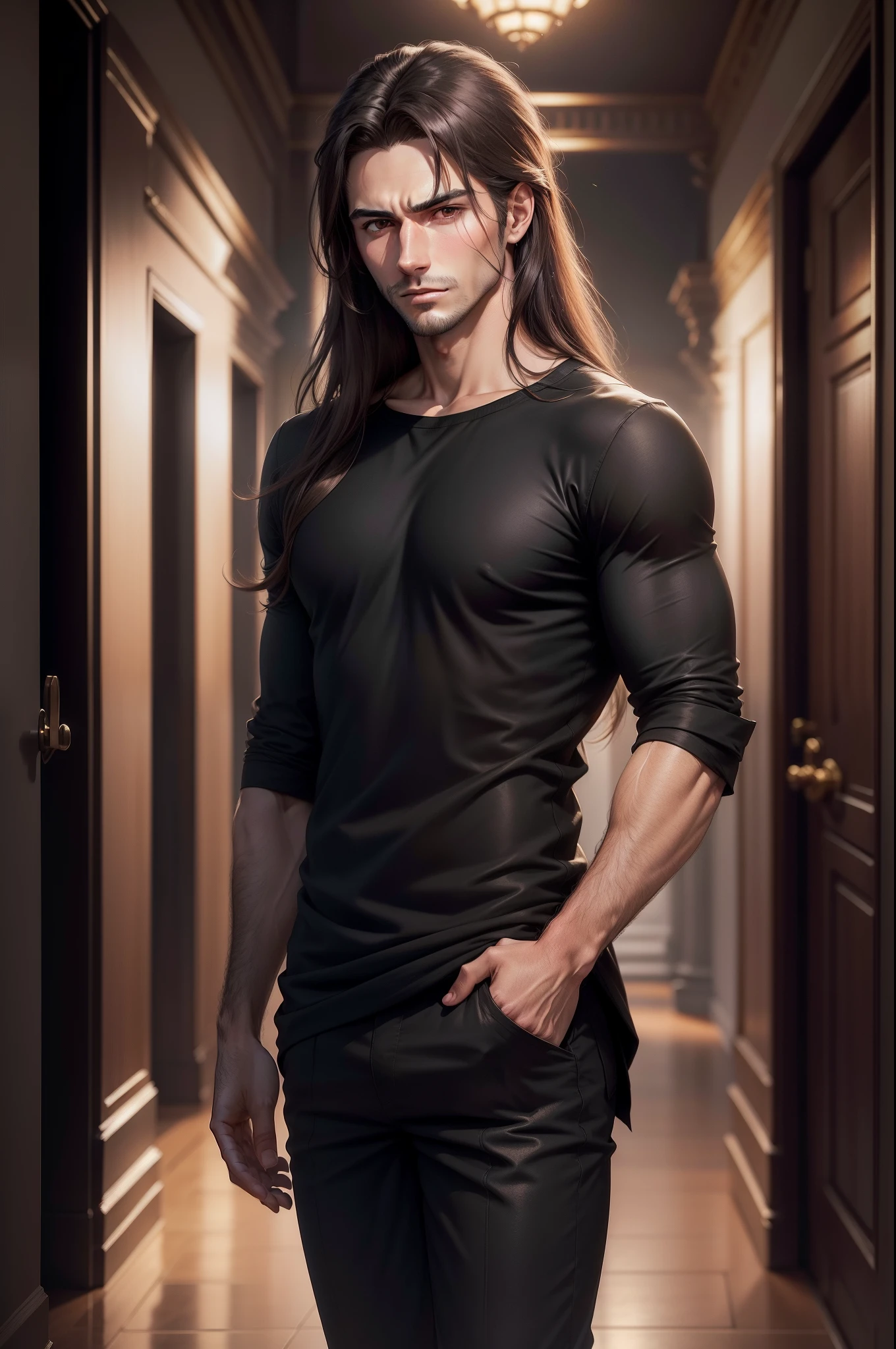 realistic 8k image of a handsome man, 25 years old, long brown hair, brown eyes, dressed in a simple black casual shirt and black pants, black bandages wrapped around his arm, displeased expression, standing with arms crossed in a wide corridor of a royal palace, looking from the side, anime style art