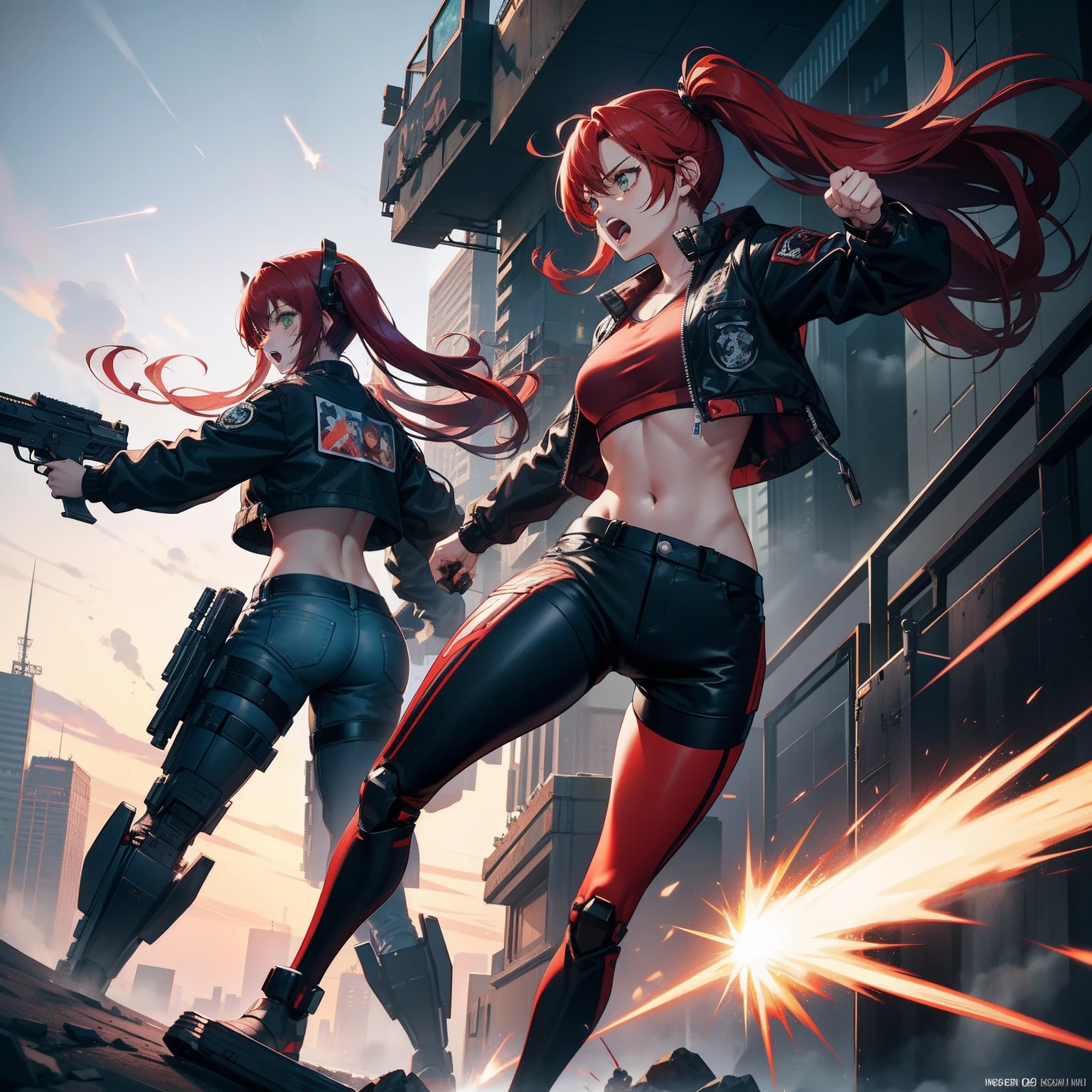Full body shot, female asian Irina Shidou red hair twintails green eyes, in a cyberpunk city, wearing a bomber jacket and crop top and denim shorts, fighting a humanoid robot android with metal chrome exterior, holding a big machine gun, holding a long laser rifle, shooting laser rifle, shooting lasers up at the sky, missile strike, rocket launch, rapid fire, explosions, hand to hand combat, fighting, round house kick, jumping kick, guns flaring, punch face, open mouth, screaming, frontal shot, side shot, rear shot, back shot, behind shot, masterpiece, highly detailed
