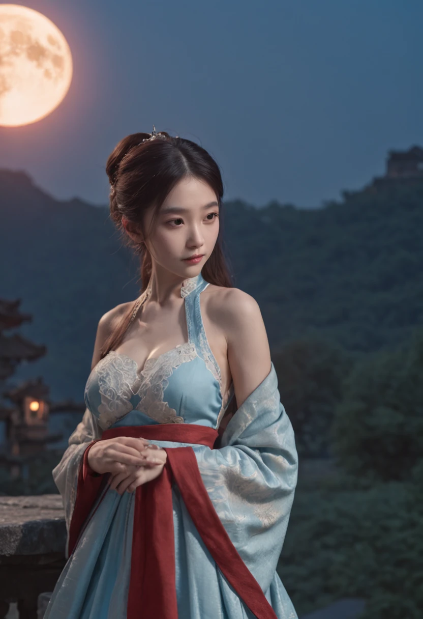 in a panoramic view，magic realism， anime big breast，Masterpiece, hyper HD, Super detail, High details, Best quality, A high resolution, A high resolution, Award-Awarded, Award-Awarded, Anatomically correct, 8K，），（full moon，holding hands in the moonlight，Peaceful night sky in the background，Traditional romance, xianxia fantasy, Chinese fantasy, beautiful moonlight night, Chinese style, moonlit night dreamy atmosphere），（Boy in blue and anime girl in red dress：1.5，Delicate girl，beuaty girl，Chinese Hanfu，inspired by Leng Mei，Romantic atmosphere：1.5，Cinematic lighting，Chinese premium color scheme）, One shoulder bare, Huge bust，乳溝，japanaese girl,  old , Thin face, Small stature,, Slim waist, full bodyesbian,On all fours,