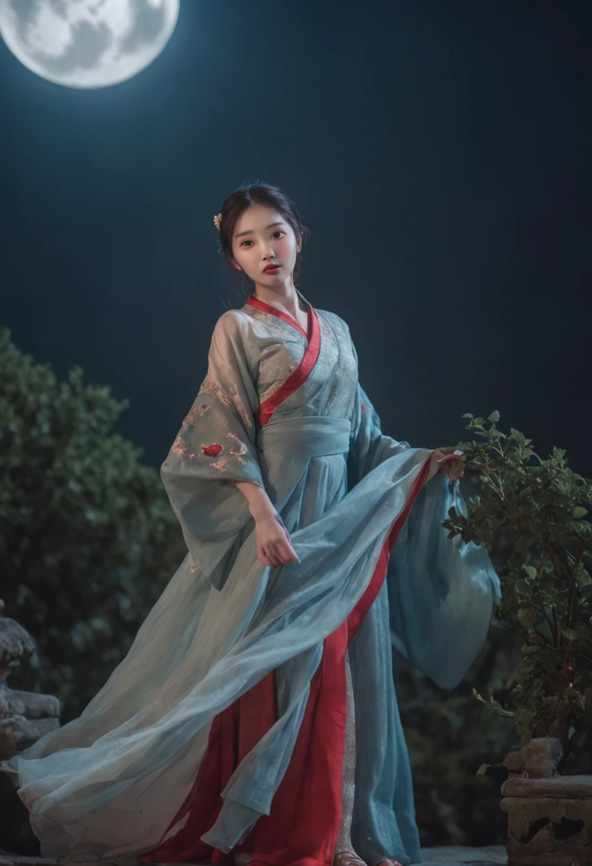 in a panoramic view，magic realism， anime big breast，Masterpiece, hyper HD, Super detail, High details, Best quality, A high resolution, A high resolution, Award-Awarded, Award-Awarded, Anatomically correct, 8K，），（full moon，holding hands in the moonlight，Peaceful night sky in the background，Traditional romance, xianxia fantasy, Chinese fantasy, beautiful moonlight night, Chinese style, moonlit night dreamy atmosphere），（Boy in blue and anime girl in red dress：1.5，Delicate girl，beuaty girl，Chinese Hanfu，inspired by Leng Mei，Romantic atmosphere：1.5，Cinematic lighting，Chinese premium color scheme）, One shoulder bare, Huge bust，乳溝，japanaese girl,  old , Thin face, Small stature,, Slim waist, full bodyesbian,On all fours,