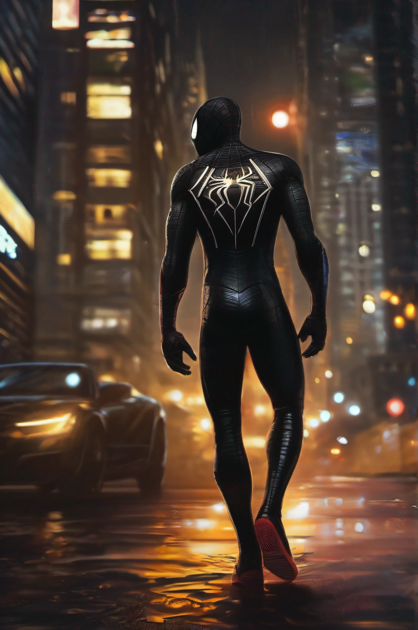 Spiderman, full black suit, night, city