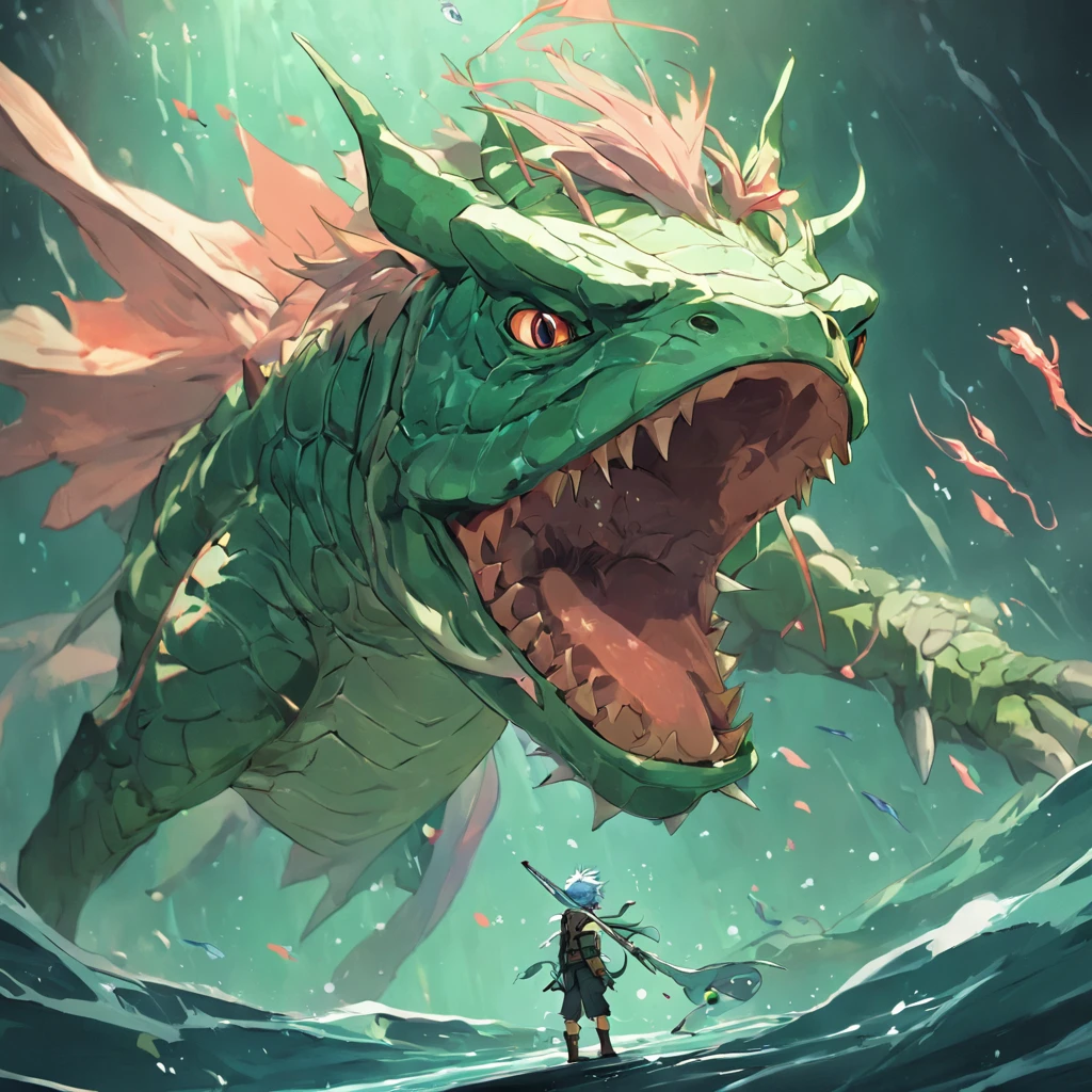 Teenage Mutant Ninja Fish Dragon, colors are shades of aqua green, large head fin and dragon wings, best quality, masterpiece