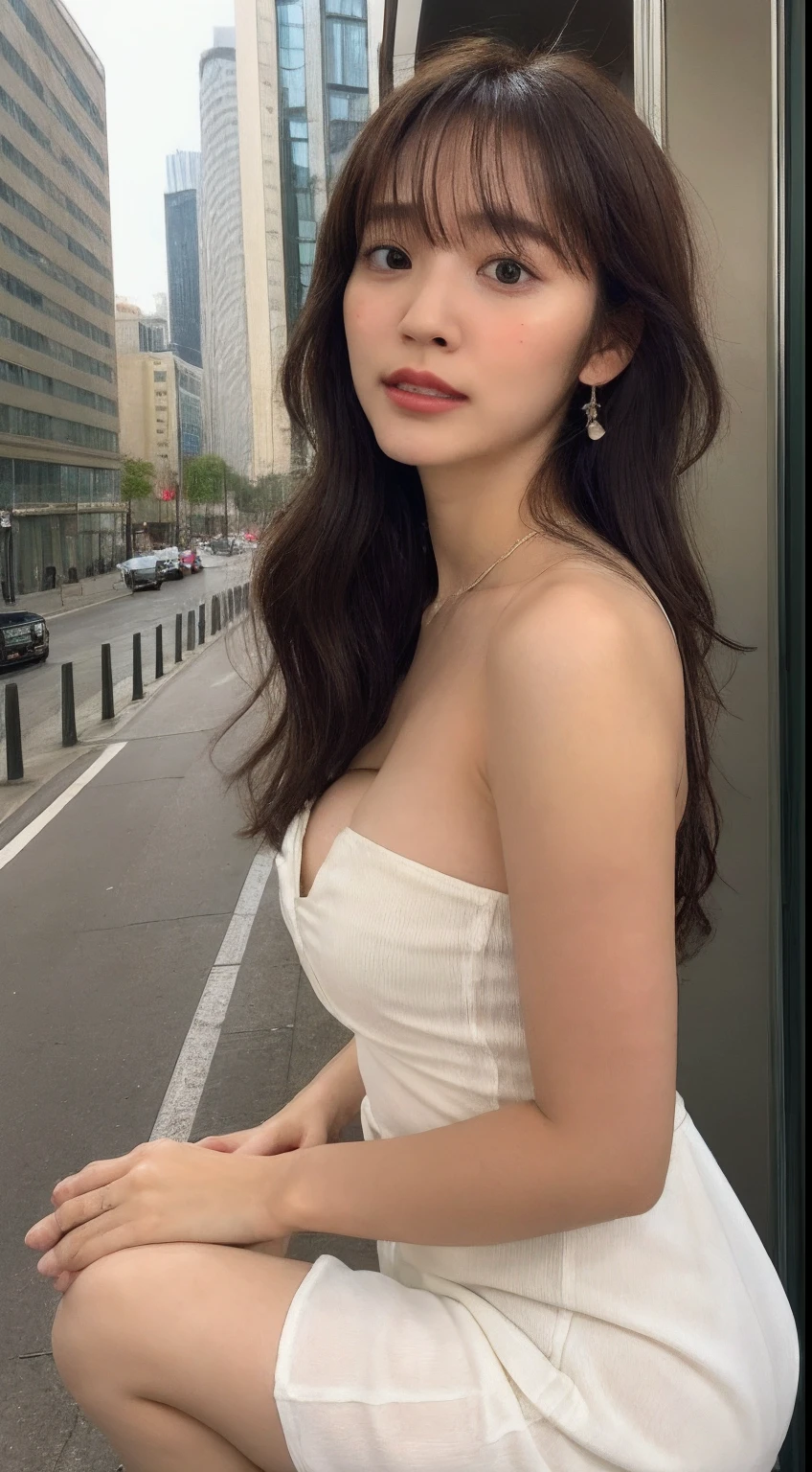 ((best quality, 8k, masterpiece: 1.3)), sharp: 1.2, perfect body beauty: 1.4, slender abs: 1.2, ((layered hairstyle, big breasts: 1.2)), (bandeau dress white: 1.1 ), city streets: 1.2, highly detailed facial and skin textures, detailed eyes, double eyelids, long brown hair, thin dress, hands behind, squatting, slightly revealing panties, revealing cleavage.