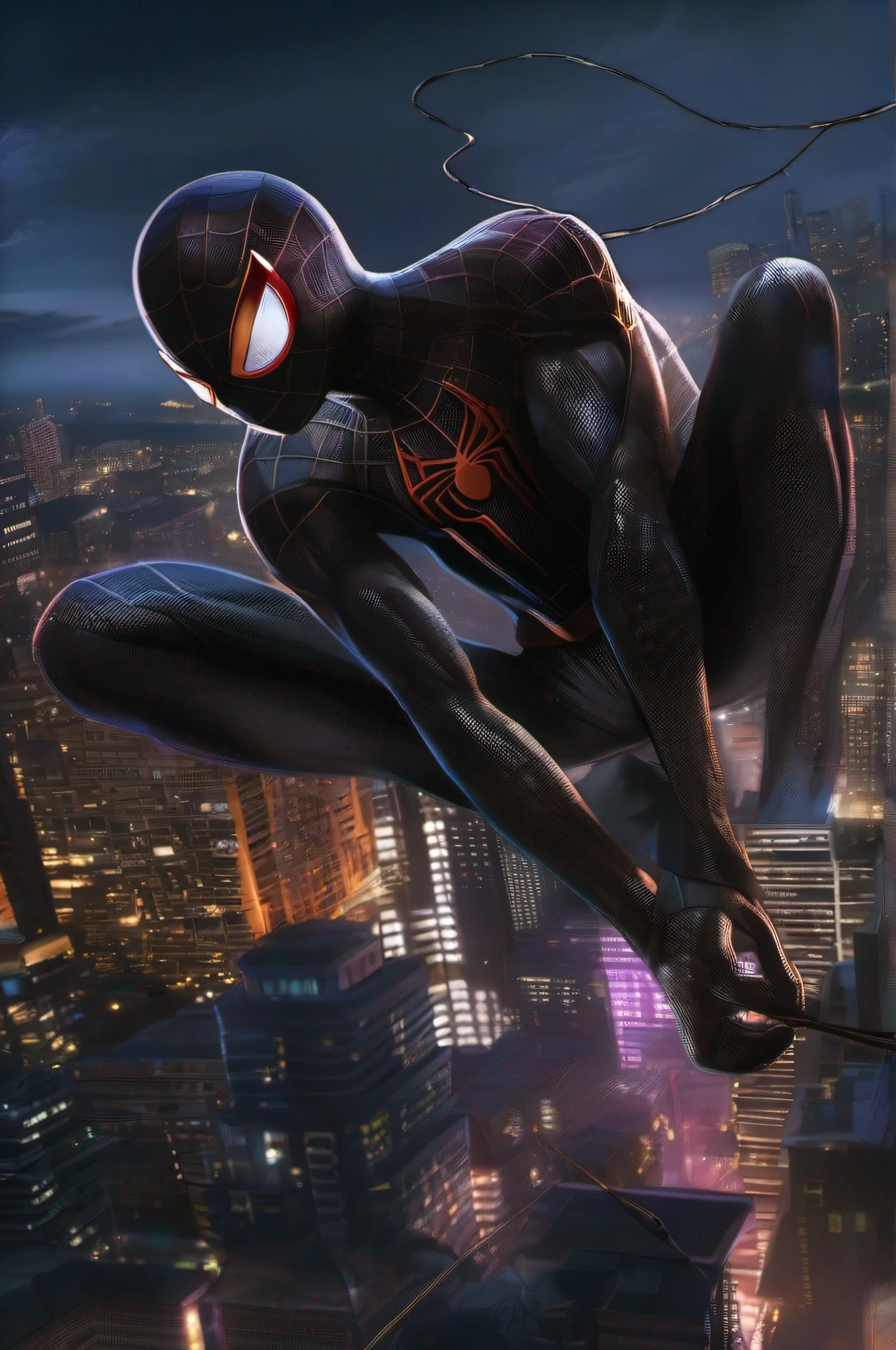 Spiderman, full black suit, night, city