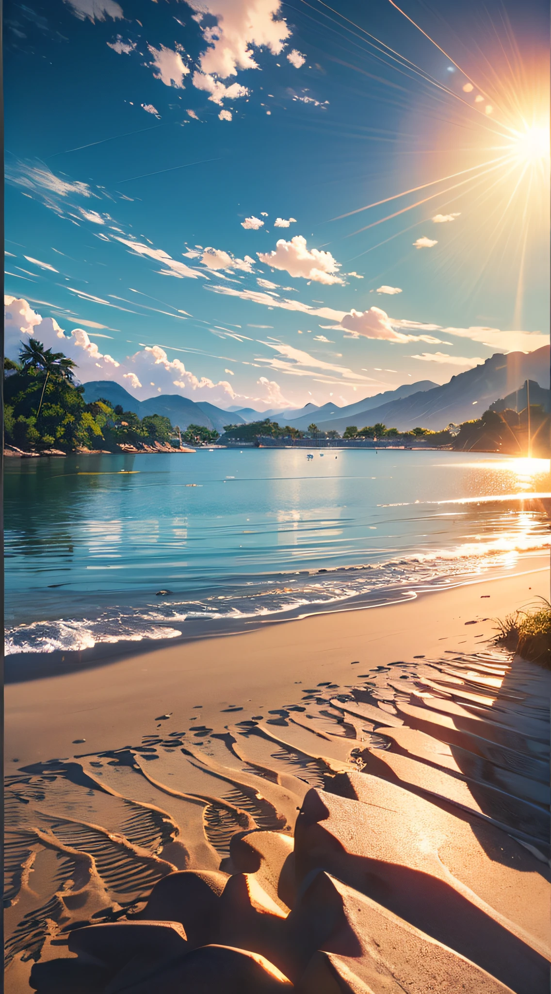 A wide-ranging landscape photo, captured with a stunning view of the beach, with the blue sky and the open countryside of the coastline below. On the golden sand, a girl is standing, barefoot, looking up. The bright sun (1:2) is radiant in the sky, scattering its rays of golden light throughout the scene. In the distance, distant mountains can be seen along the coast, adding a sense of serenity. BREAK Crafting Art tropical trees frame the beach, providing soft shade and a picturesque natural frame. The warm light (1.2) of the sun bathes the scene, creating a vibrant color palette, with shades of purple and orange blending harmoniously. Intricate details and volumetric lighting BREAK (Masterpiece: 1.2) highlight the stunning beauty of the place. The image quality is 4K, ultra detailed, capturing each element perfectly. The dynamic composition (1.4) gives movement and fluidity to the image, while vivid colors and a rainbow (1.2) add a magical touch. The brightness of the sun reflected in the water and the atmospheric lighting create an atmosphere of dream and tranquility. The soil (1.2) is rich in detail and texture, conveying the feeling of walking on the warm sand of the beach.