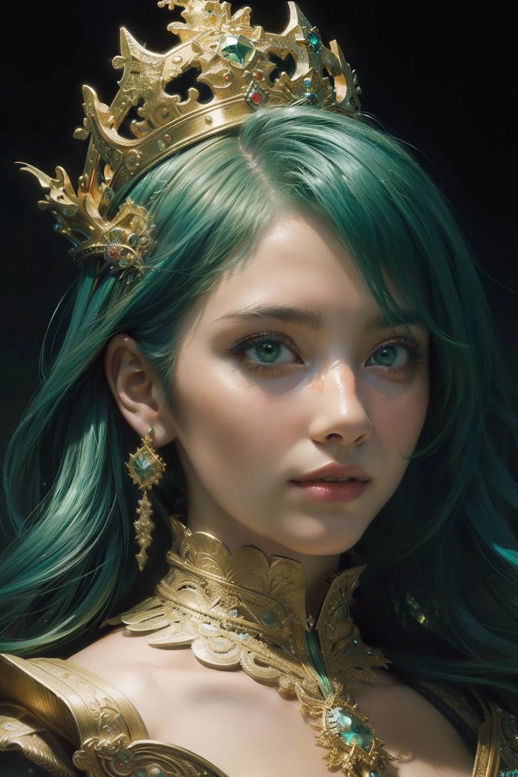 (Masterpiece, Top quality, Best quality, offcial art, Beautiful and aesthetic:1.2), (1girll), extreme detailed details,Colorful,highest details,Cute, Green hair, crown,(Fractal art:1.3)