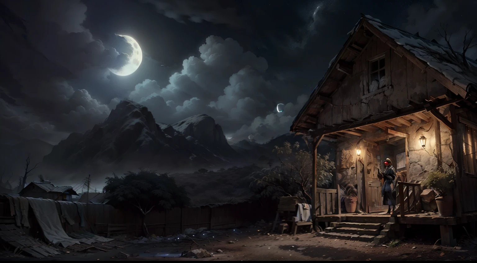 foto realista de uma casa velha e abandonada, Crie uma noite fria e escura, estrada de pedra quebrada, cercas antigas, poor lighting, old trees with dry branches, Dried leaves on the ground, mistborn, nuvens pesadas, Small moon in the sky, lighting of old poles and a girl in a black dress and scarf watching