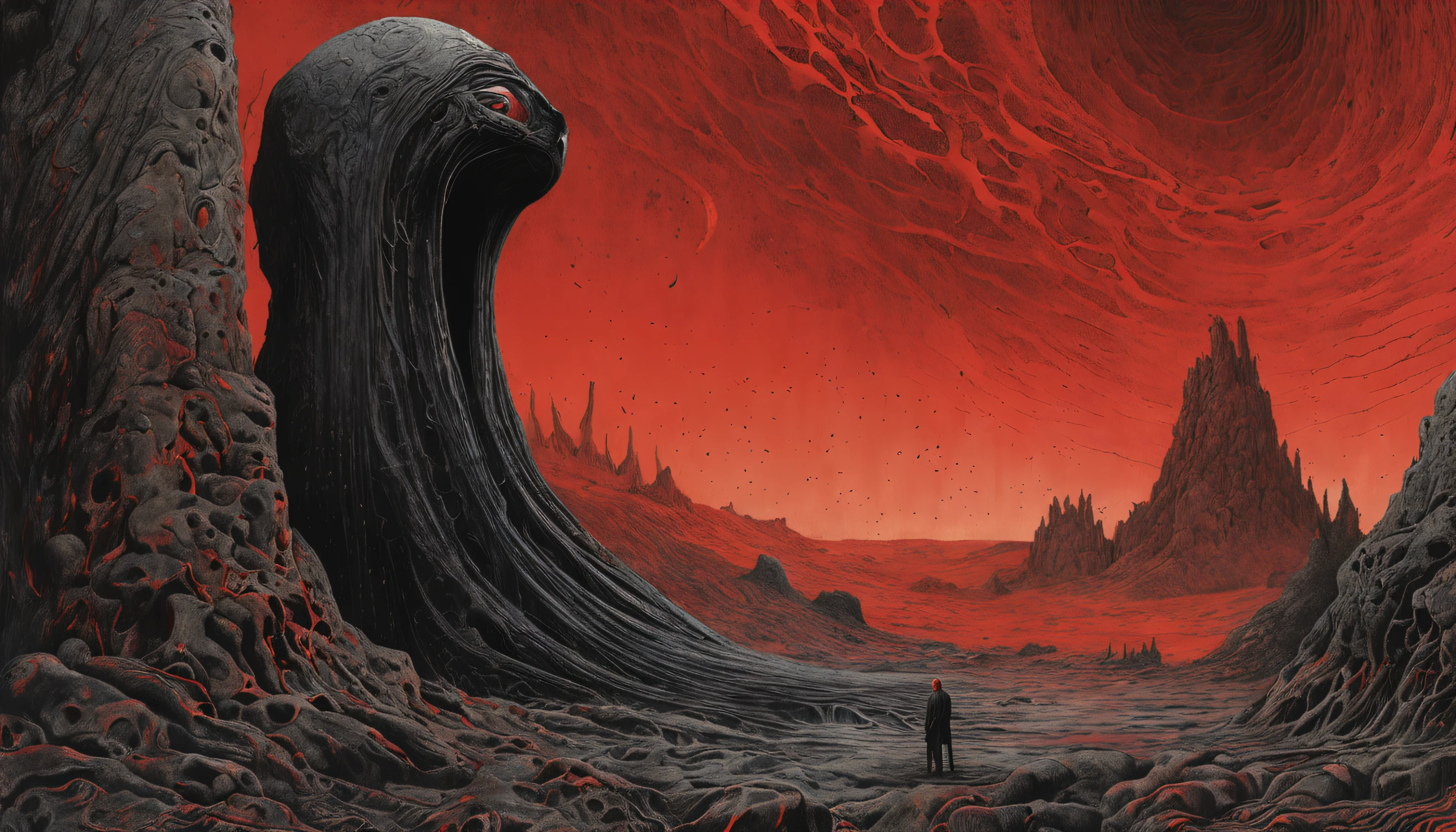 mythology creatures, brain, monolith, black obsidian rectangle, by zdzislaw beksinski and van gogh, album cover art, rome, surrealism, futuristic ,satan, t-rex, coral, wizard, abstract, dark, red, hell, landscape, wallpaper
