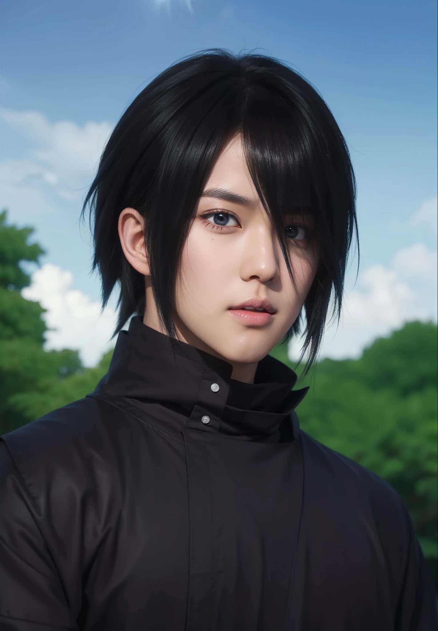 real Life adaption of this character,his name is Sasuke uchiha from anime naruto ,hyper realistic ,(detailed realiscic black hair,One eye is covered with hair), high resolution, photorealistic,very detailed,realistic outfit Black robe ,((korean handsome)) ,detailed shining eyes,(photorealistic:1.4),(detail realistic lightning),(realism)