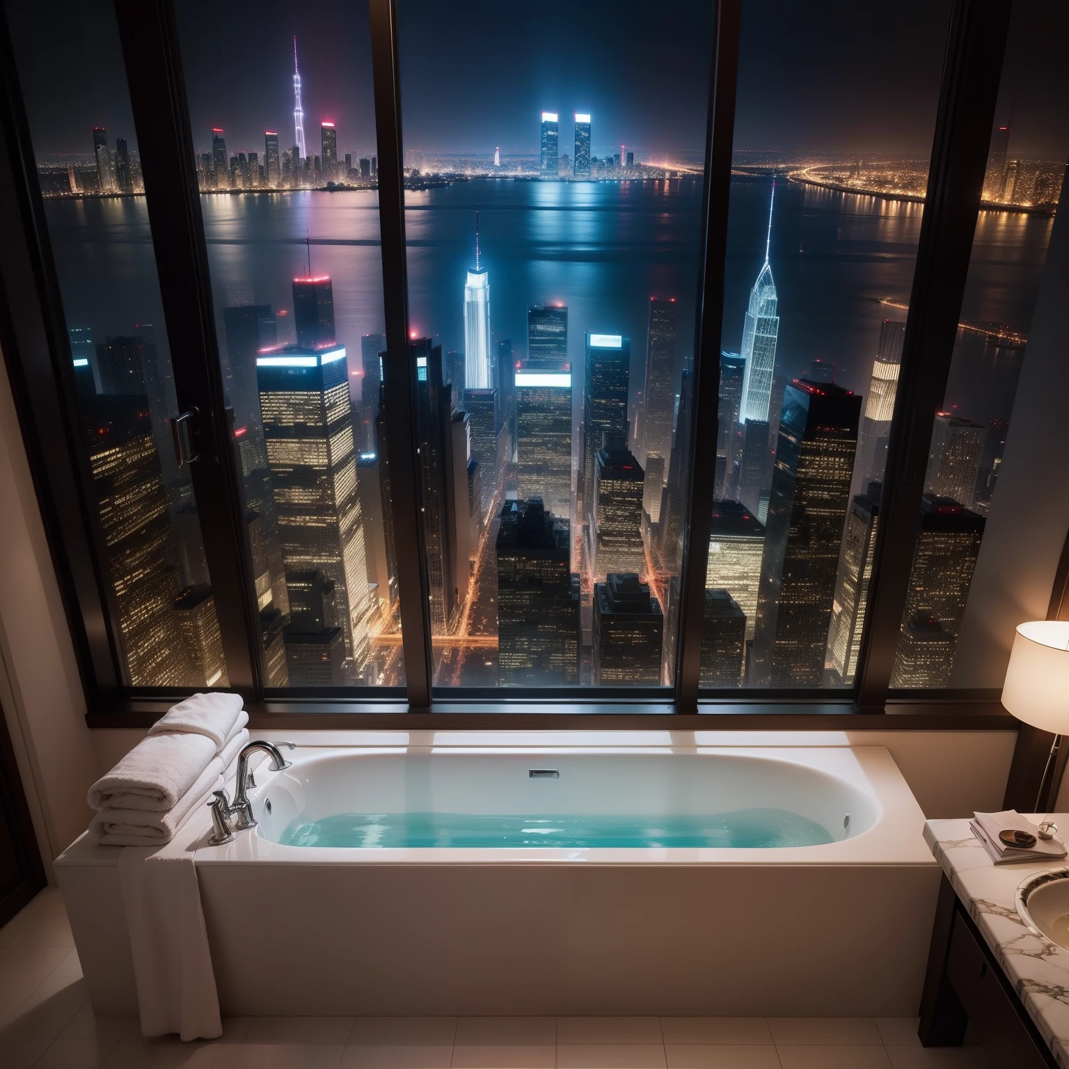 Super large room　Night view of skyscrapers from the hotel room　suite room　bath　top-quality　​masterpiece