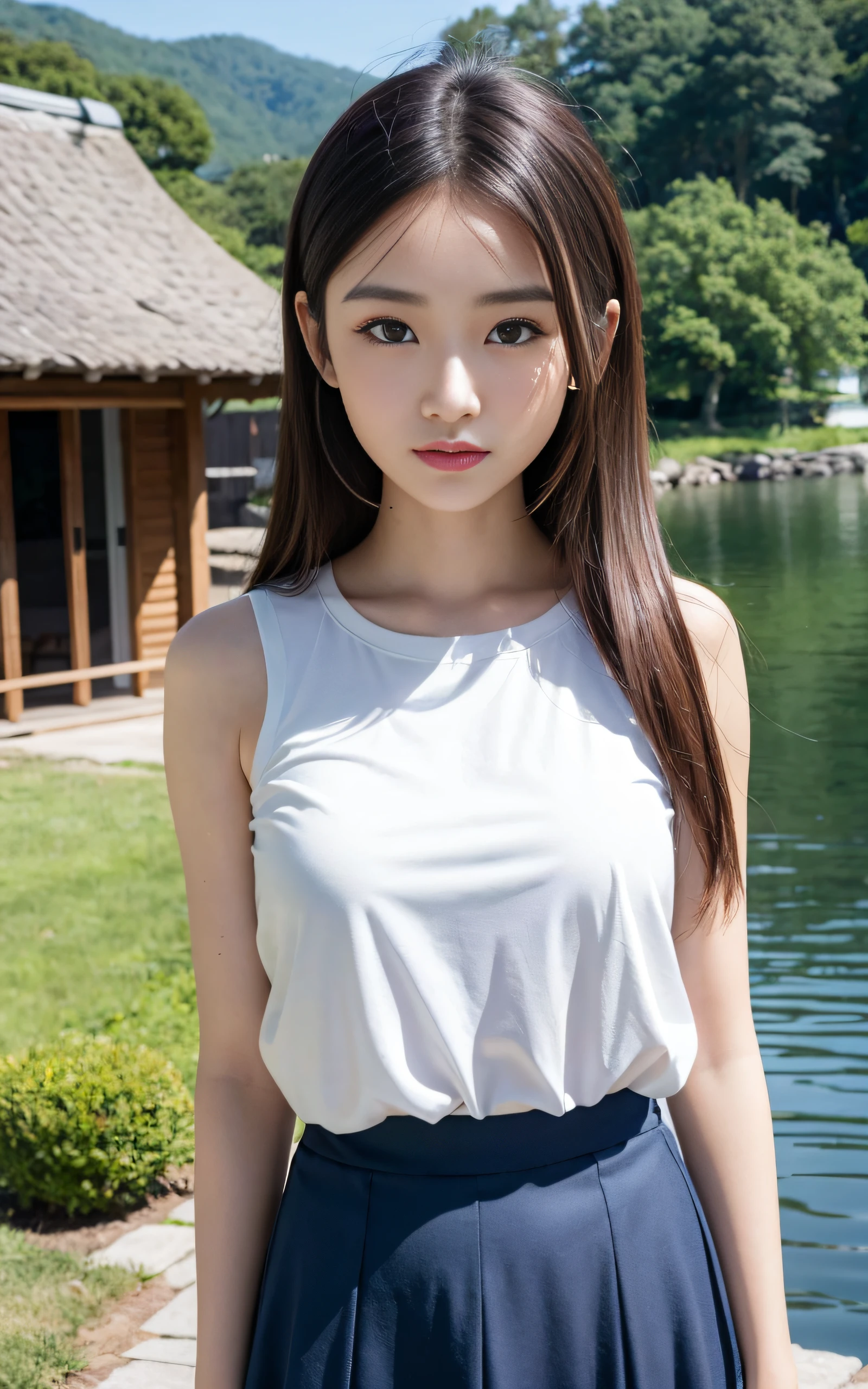 ((Best Quality, 8K, masutepiece: 1.3)), (Sharp Focus: 1.2), 1 girl, Neat and clean beauty, 20 years old, Japanese, Classy and elegant, A pretty girl with perfect figure, Cute, Shy, ((Shoulder-length straight hair swaying in the wind)), Big breasts, sad, (T-shirt: 1.1), Skirt, Highly detailed face and skin texture, Detailed eyes, Beautiful lakeside cottage surrounded by nature