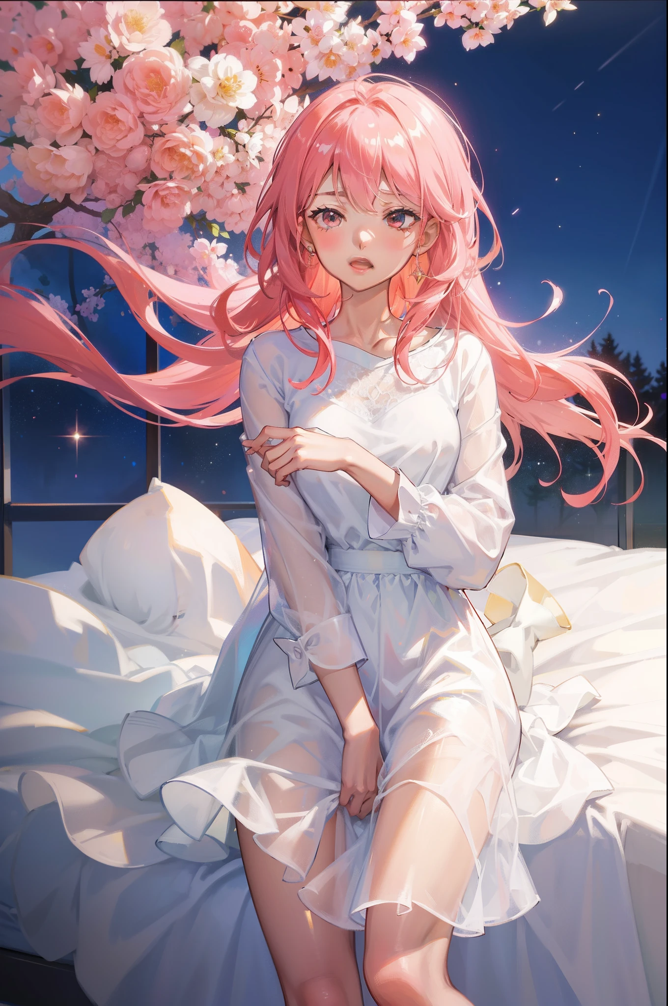 masterpiece, best quality, beautiful detailed hair detailed face, perfect feminine face, a beautiful and cute girl with sparkling and glowing pink hair, floating hair by wind, (sparkle particle), lens flare, sharp focus, volumetric lighting, by sakimichan, george kamitani, akira yasuda, trending on artstation, get million like, intricate details, bed, waking up, sleepy, yawning, morning, wearing night wear cute