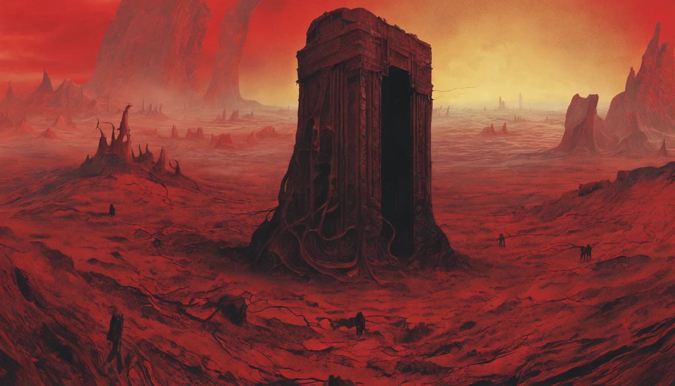 skeleton creatures, monolith, obsidian rectangle, by zdzislaw beksinski and van gogh, album cover art, rome, surrealism, futuristic ,satan, t-rex, coral, wizard, abstract, dark, red, hell, landscape, wallpaper, eyes