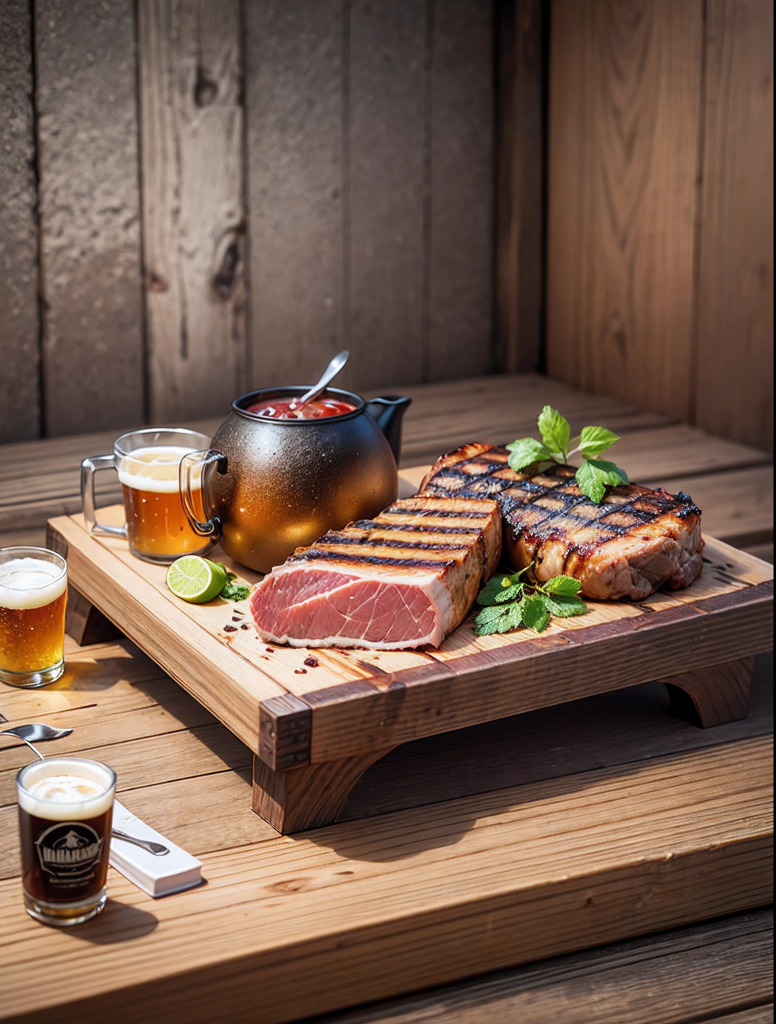 meat with grill marks on a wooden board with a cold cold beer next to it, tasty, promotional photo, intricate details, HDR, realistic photo, Adobe Lightroom, highly detailed --auto --s2