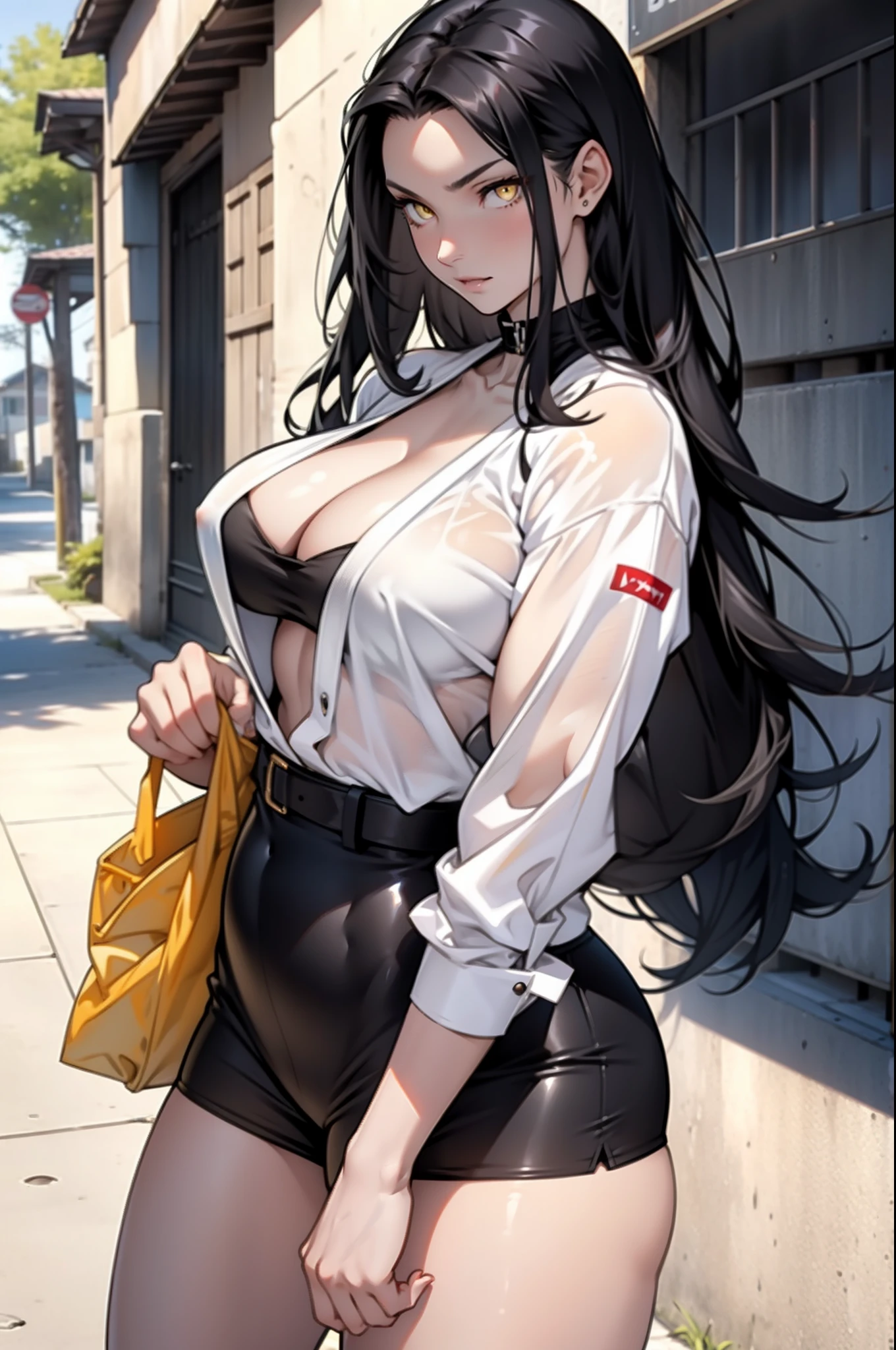 1 girl, black hair, yellow eyes, very long hair, pale skin, seductive expression, curvy, ((extremely muscular)), perky breasts, ((summer clothes))