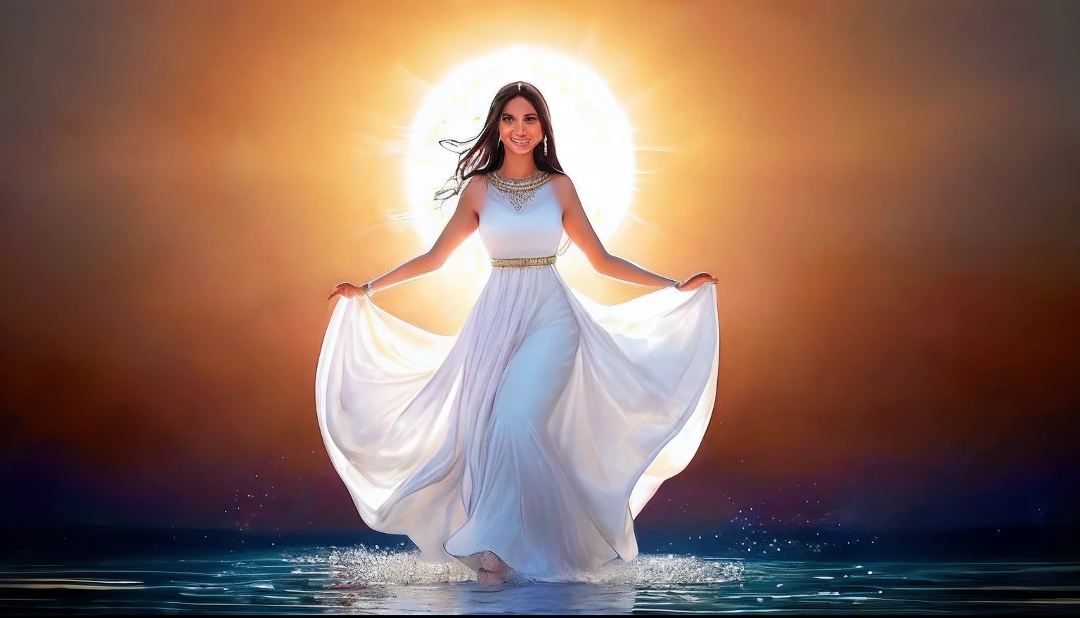 "Radiant lady in a flowing white dress, exuding beauty and joy, gracefully walking on the tranquil waters, arms open wide in a gesture of divine blessing."