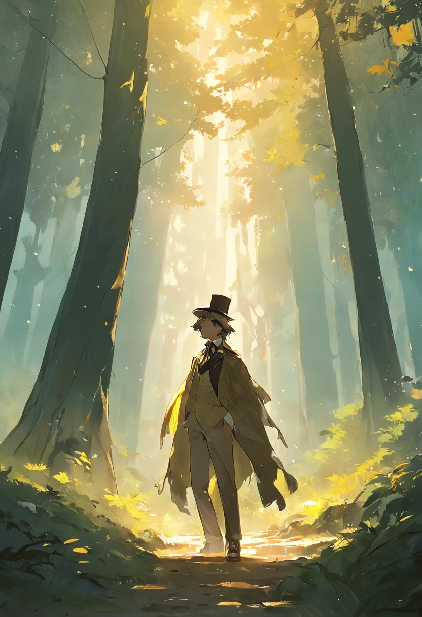 o Lobo Mau, Um lobisomem, with a scarf around his neck and a top hat on his head. Ele estava esperando sentado em uma pedra. Golden sunlight penetrates through the leaves of tall trees, creating shadow patterns on the ground. A gentle mist envelops the trees in the background, giving the scene a strange feel. Create an image that captures the magical and enigmatic atmosphere of this moment in the enchanted forest.