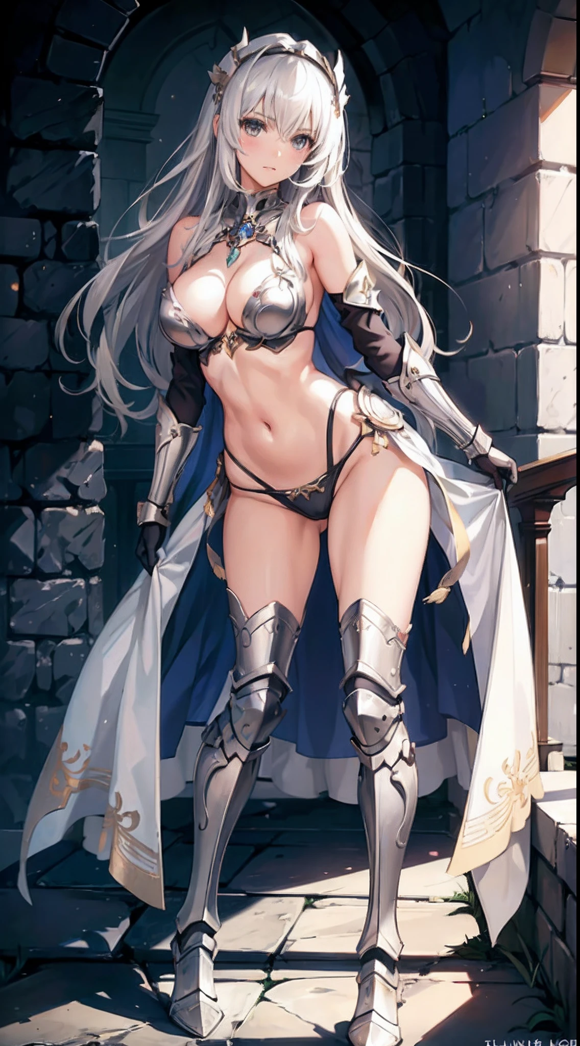 ((slanted eyes)),1girl, solo,(milf), (((mature female,adult female))),masterpiece, Top  Quality, ultra-definition, max resolution, A highly detailed, clean skin, extremely sexy,large breasts,blush,high legs,thong,armor girl, bikini armor female knight, Bikini Armor, bikini-armor, bikini-armor, ornate bikini armor, Female knight, Gorgeous Female Paladin,Beautiful armor,cleavage,over-knee sock,in palace