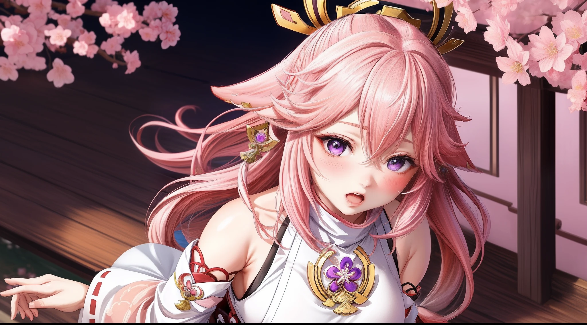 1girl, (yae miko genshin impact), focused upper body, realistic, blush, open mouth, (pink hair and hair ornament), purple pupils, standing pose, (white kimono), sakura background