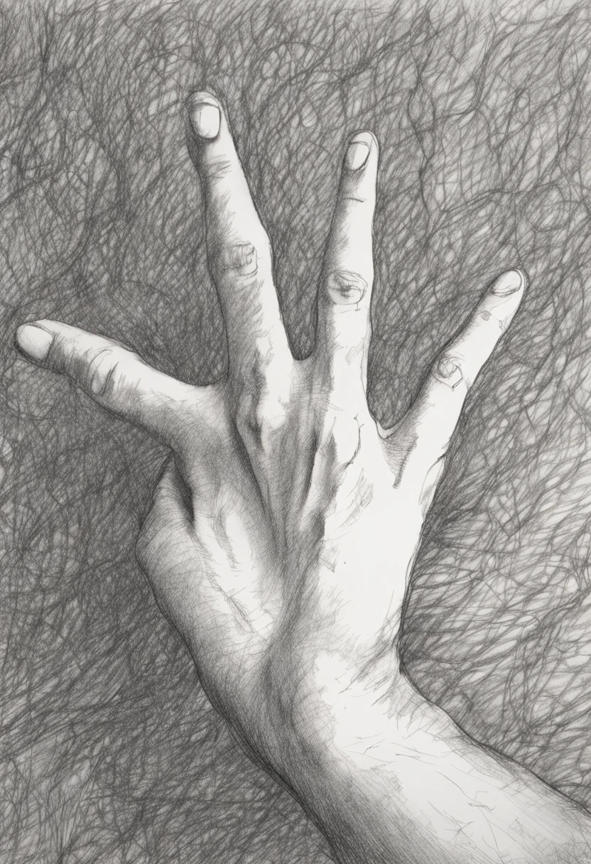Pencil drawing of an open hand on a white background