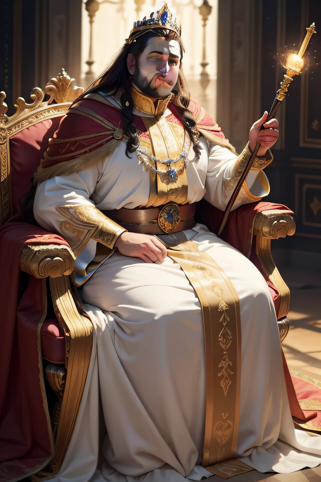 Spaniard，tiara crown，fatness，Coronation dress，Coronation cloak，ssmile，Holding a scepter，Rest on the waist，Young men