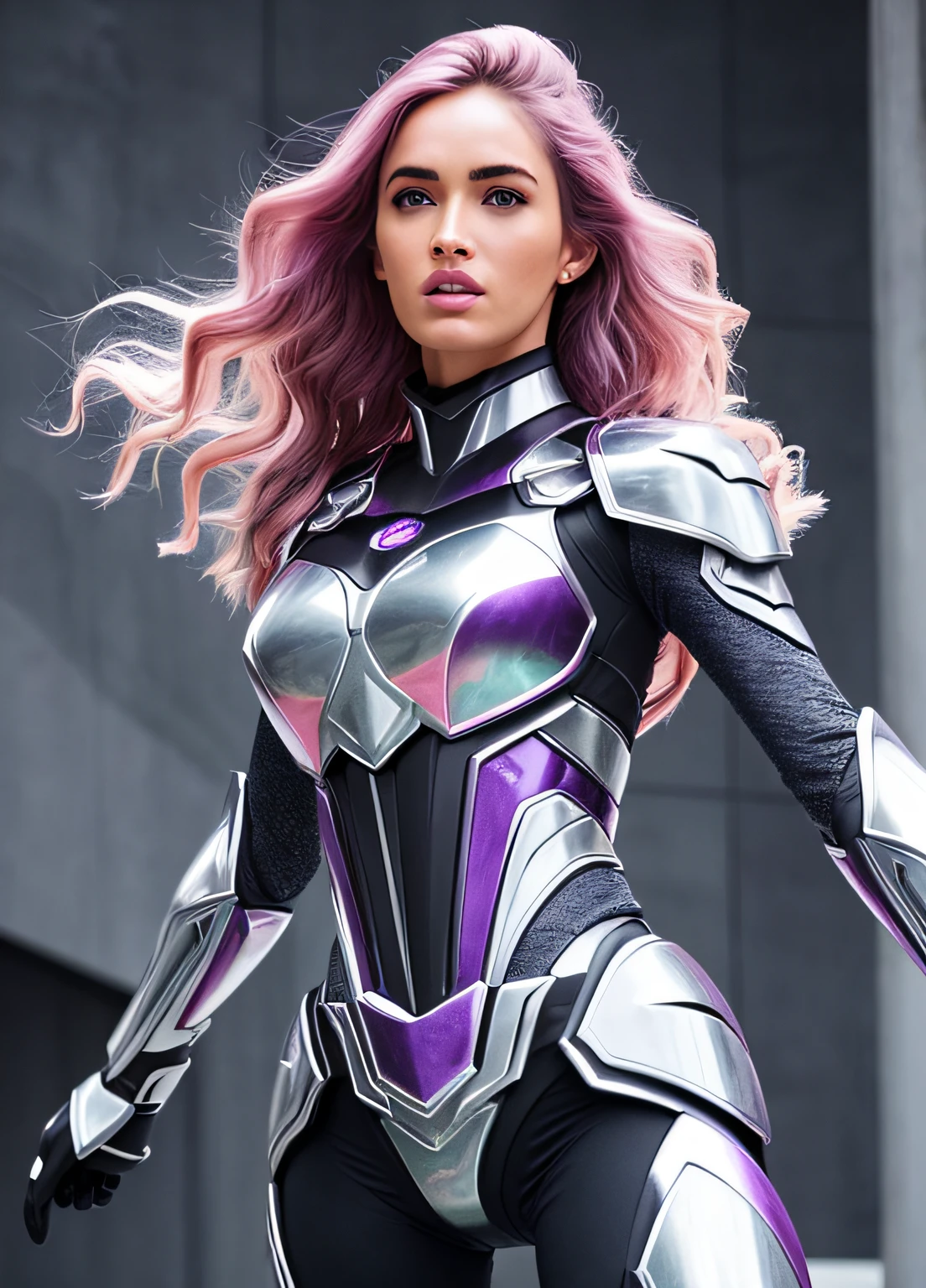 cabelos cor de rosa pink luminosos, fosforescentes, brilhantes, fotorrealista, prazer, energias espalhadas pelo ar, cabelo rosa + Megan Fox rosto perfeito, appears full-body from head to toe + appears on top of the head without cutting + aparece mais distante na imagem + Futuristic silver armor with blue and lilac accents + circuitos de luz + corpo inteiro + energias saindo de sua mente, energias saindo de sua testa, gesturing with his hands as if releasing energies, magica, Arte por Mschiffer, Ethereal, she's making some magic, magic lights, 32k resolution, melhor qualidade, dynamic pose, action pose, CIDADE FUTURISTA +Pink sky mixed with violet in the style of realistic and hyper-detailed renderings, 8k, Olhos detalhados, olhos perfeitos, epics, Dramatic, Fantastic, corpo inteiro, design e detalhes intrincados, dramatic lighting, hiper-realismo, fotorrealista, cinemactic, 8k, Rosto detalhado, dramatic photo, Epic photo, corpo inteiro, barbarous, Cinematic Shot + Foto tirada por Canon + incrivelmente detalhado, Sharp HQ details