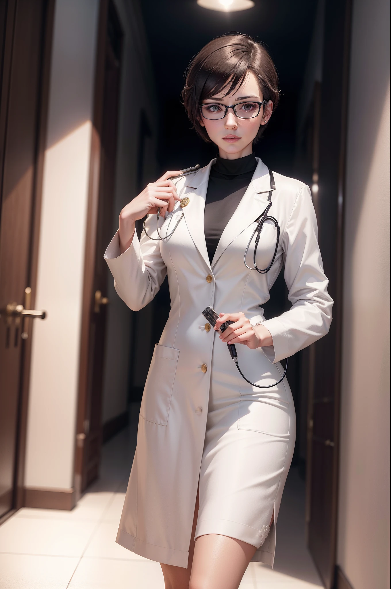 realistic 8k image of a pretty female doctor, 32 years old, short hair, wearing glasses, wearing a white coat, white clothes, holding a small flashlight, evaluative expression, in a corridor of a royal palace, anime-style art