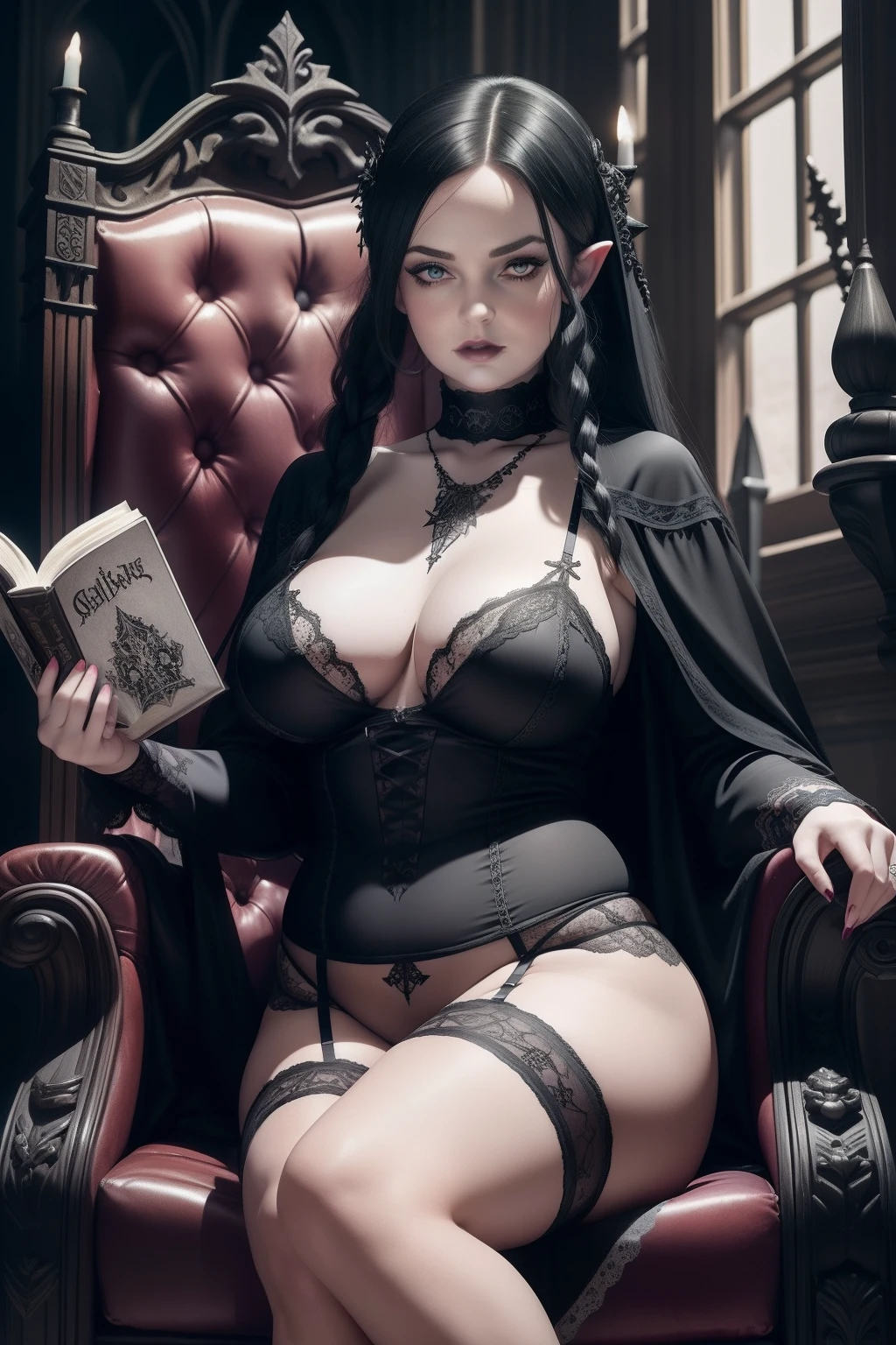 Sexy mature chubby female Wednesday Addams fairy with pointy ears, pale skin, tattoos, black lingerie. She is sitting in an ornate gothic chair in a gothic castle reading a book.