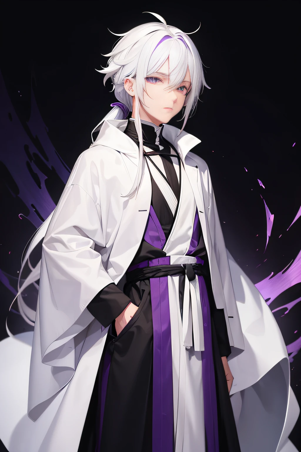 <lora:Sigma_-_Bungo_Stray_Dogs_Updated:1>, 1boy, adult male, long hair, solo, purple hair, male focus, light smile, two-toned hair, purple hair, white hair, T-shirt