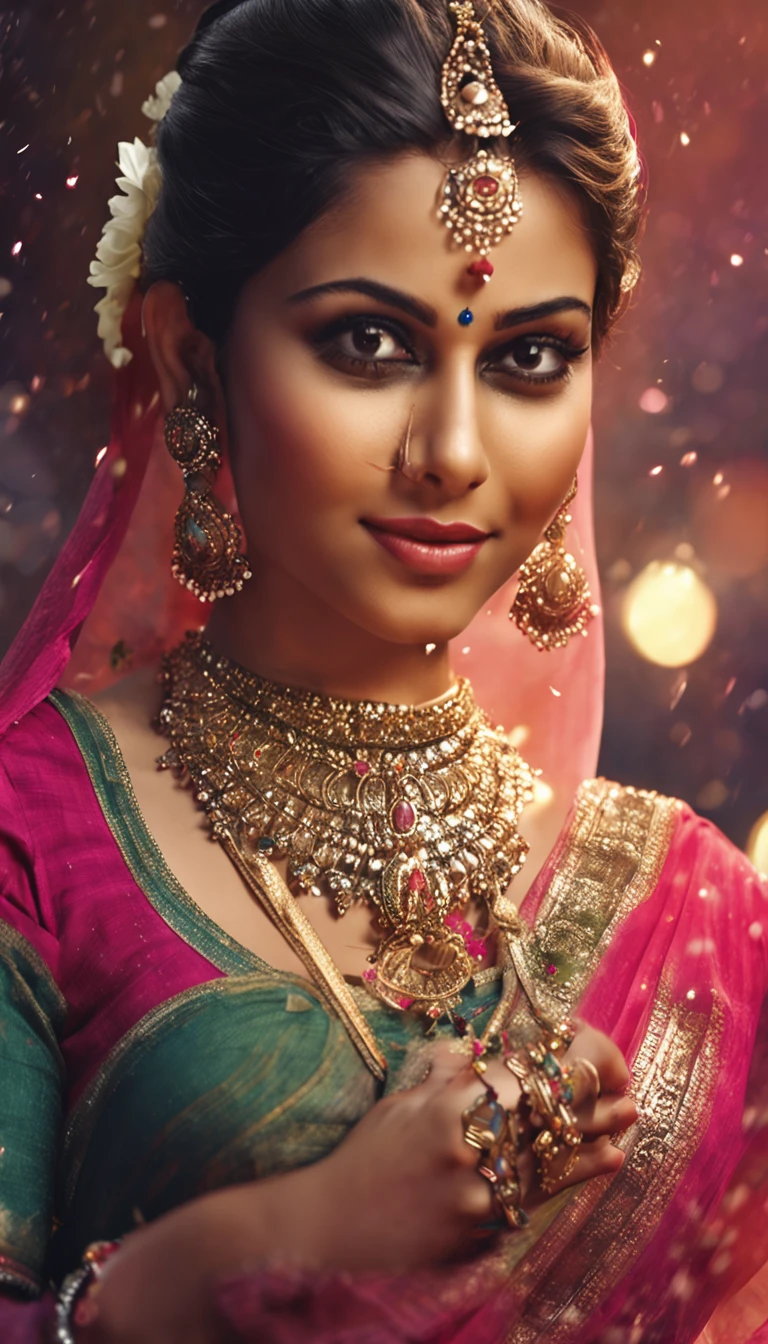 Walk through the moonlit courtyard., Exotic Girl, Beautiful India,(Indian Baby:1.1), Looking at the viewer, radiant skin, perfect light, The embodiment of elegance and elegance, (sari,bra:1.1), (large full breasts:1.3), Clear curved details, Beautiful curves, Detailed Eyes, detailed pupil, The ultra-detailliert, Unity 8k wallpaper, The ultra-detailliert, aesthetic, Masterpiece, Best Quality, Photorealistic,(Top Quality, 8K, masterpiece: 1.3)), 1woman, Slender abs beauty: 1.3, (Hairstyle casual, large full breasts: 1.2), The dress: 1.1, Ultra-fine face, 詳細な目, Double eyelidd, Sorrisos, groove