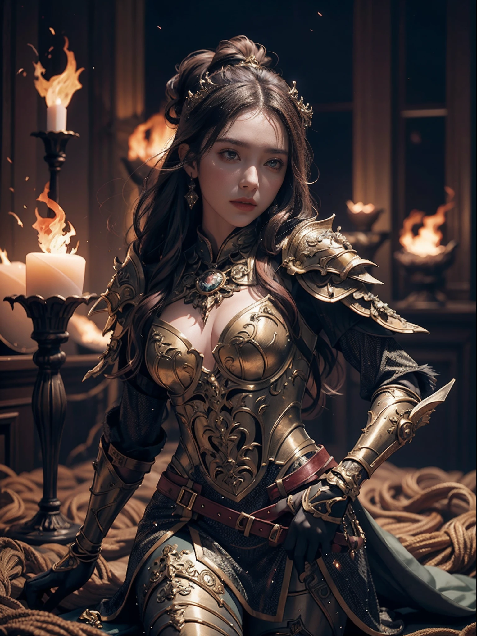 Venus, 1 Women cast fire, nightfall, Crystal armor,Anatomically correct,best qualtiy,The is very detailed,4K,Cinematic lighting effects,Look from the bottom up