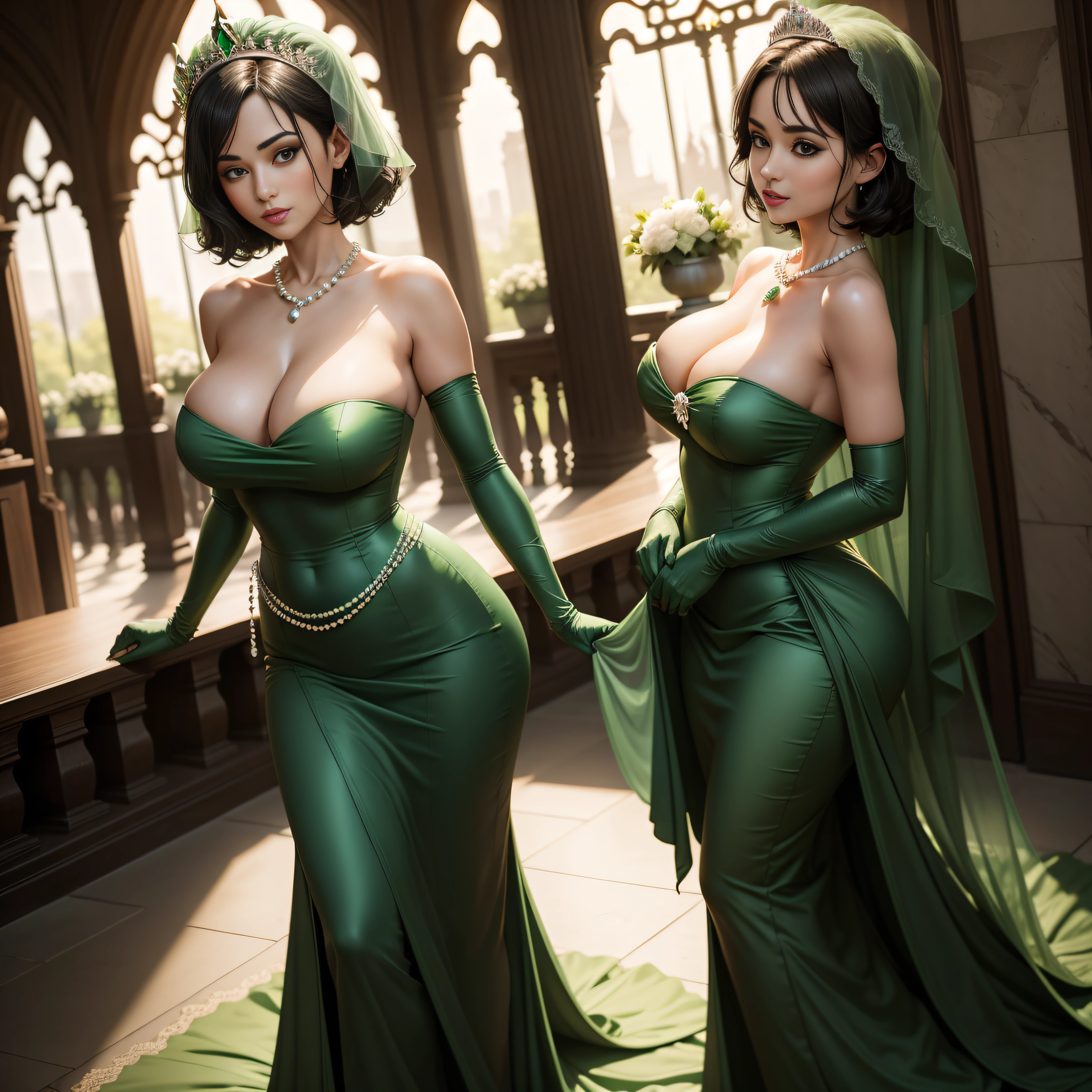 Green Dress Flower Cleanser,Sense of atmosphere, best qualtiy,tmasterpiece,1girll,30-years old,Green dress,Daytime Church,full body Esbian, Green gloves,With short black hair,big breasts beautiful,looking at viewert,ssmile,Green Bridal Veil,Green Long Grove,Satin green long gloves, lipsticks, Green Pearl Necklace, Emerald tiara