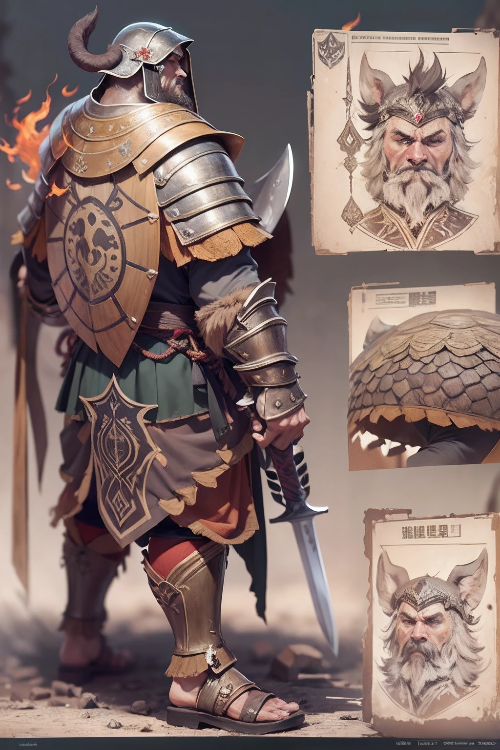 Game character design，Heads and tails，（anthropomorphic turtle），（Bullfighting warriors：1.4），Sword and shield，a tall body，Stout limbs，disdain，ran，tosen，The long hairs of the flame fluttered in the wind，combats，Dynamic lines，Dimly lit battlefield，Ruined castle，（stereoscopic perspective：1.4），Works of masters，super-fine，4K分辨率，high qulity，电影灯光，High picture detail，Detailed pubic hair，Epic shooting，Clearly focused hair，Detailed hair depiction，acurate