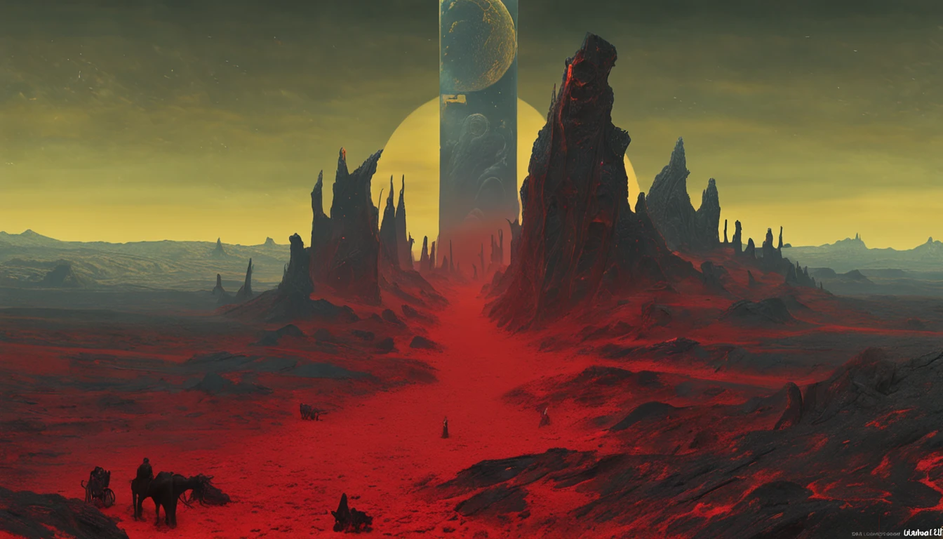 skeleton creatures, monolith, obsidian rectangle, by zdzislaw beksinski and van gogh, album cover art, rome, surrealism, futuristic ,satan, t-rex, coral, wizard, abstract, dark, red, hell, landscape, wallpaper, eyes