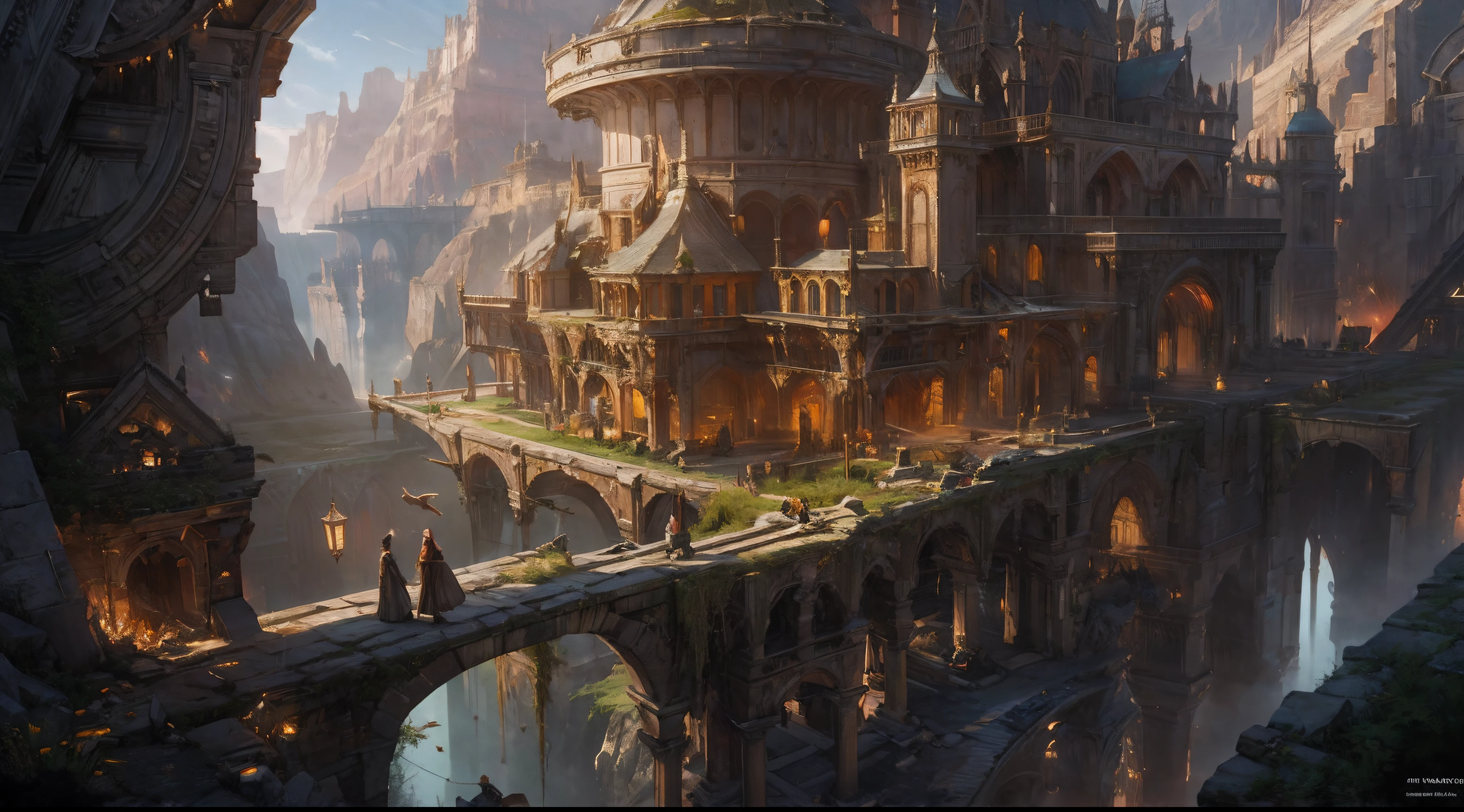 "(by Greg Rutkowski: 1.2), (masterpiece), (best quality), extremely delicate and beautiful, illustration, (fantasy landscape), depth of field, HDR, intricate, delicate, (No human presence), photorealistic depiction, live action feel, creating a visual masterpiece with the best possible quality. (Highlighting the fantastic elements of dwarven city, emphasizing the effects of collapse and severe weathering). Providing a distant view that captures the grandeur and atmosphere."