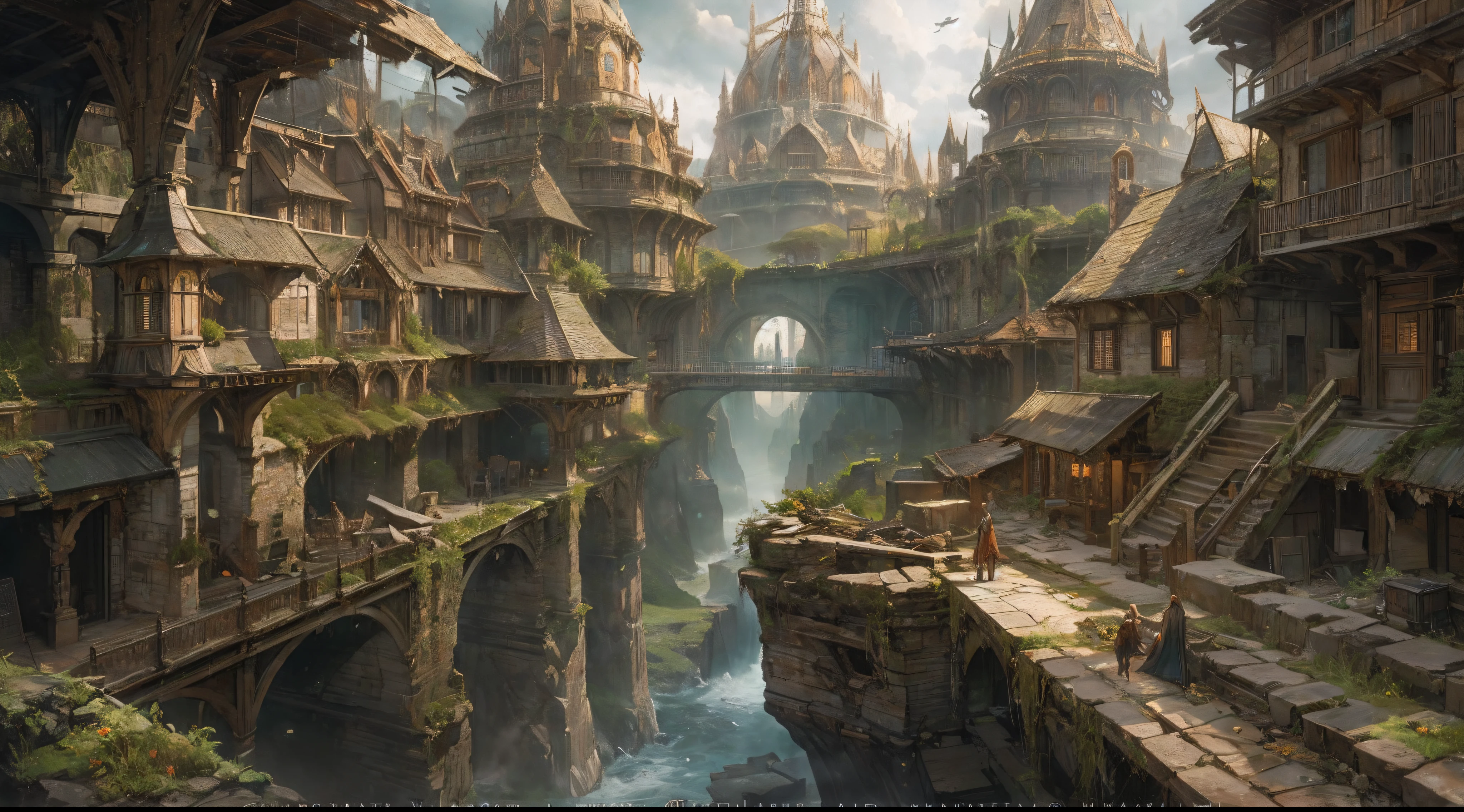 "(by Greg Rutkowski: 1.2), (masterpiece), (best quality), extremely delicate and beautiful, illustration, (fantasy landscape), depth of field, HDR, intricate, delicate, (No human presence), photorealistic depiction, live action feel, creating a visual masterpiece with the best possible quality. (Highlighting the fantastic elements of dwarven city, emphasizing the effects of collapse and severe weathering). Providing a distant view that captures the grandeur and atmosphere."