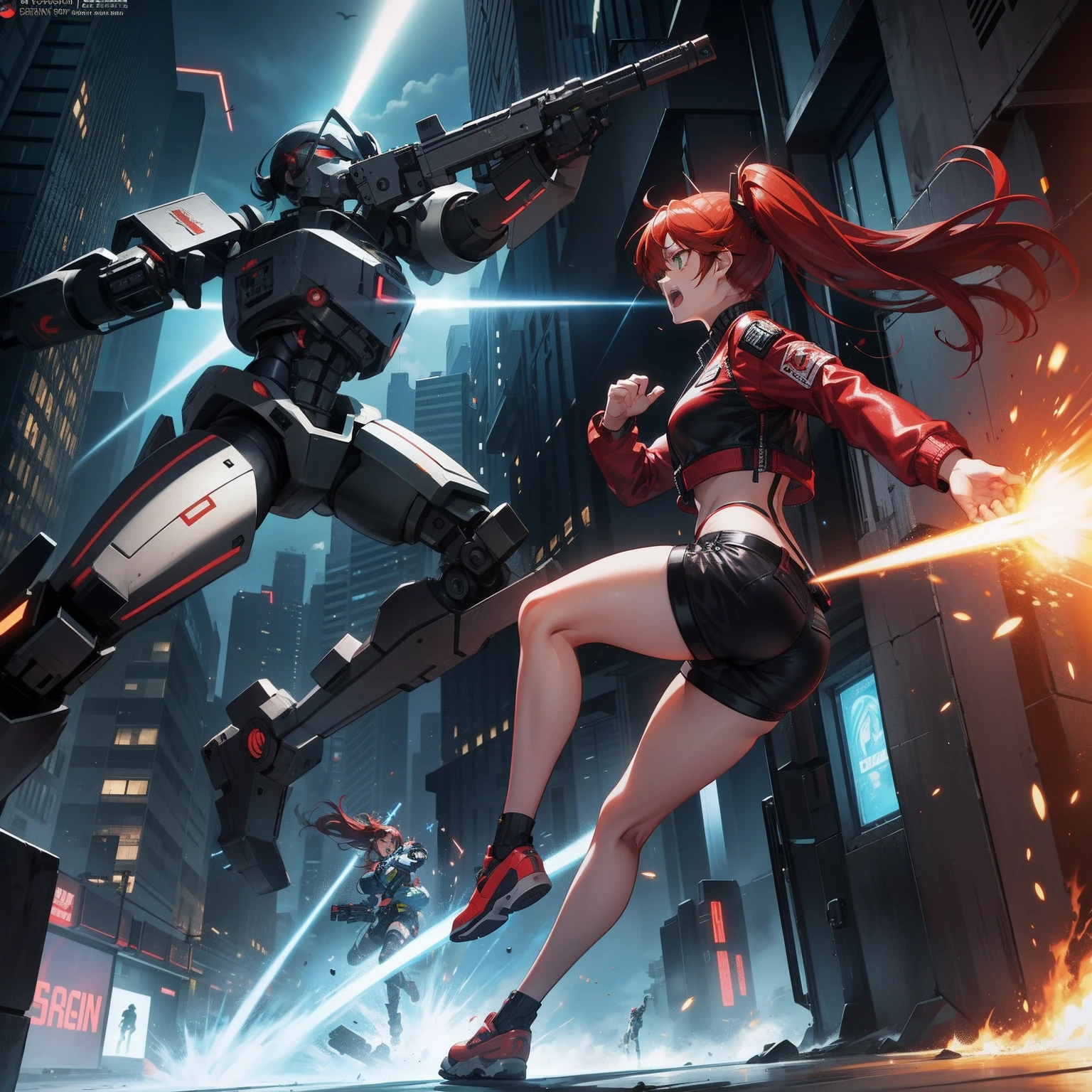 Full body shot, female asian Irina Shidou red hair twintails green eyes, in a cyberpunk city, wearing a bomber jacket and crop top and denim shorts, fighting a humanoid robot android with metal chrome exterior, holding a big machine gun, holding a long laser rifle, shooting laser rifle, shooting lasers up at the sky, missile strike, rocket launch, rapid fire, explosions, hand to hand combat, fighting, round house kick, jumping kick, guns flaring, punch face, open mouth, screaming, frontal shot, side shot, rear shot, back shot, behind shot, masterpiece, highly detailed